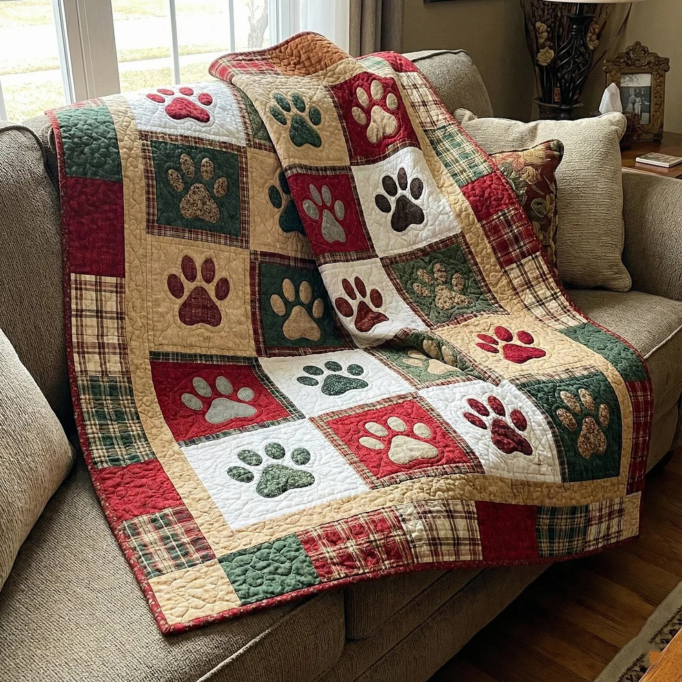 Rustic Plaid Paw Print Quilted Blanket Dog Lover Patchwork Decor Best Gift For Dog Owner
