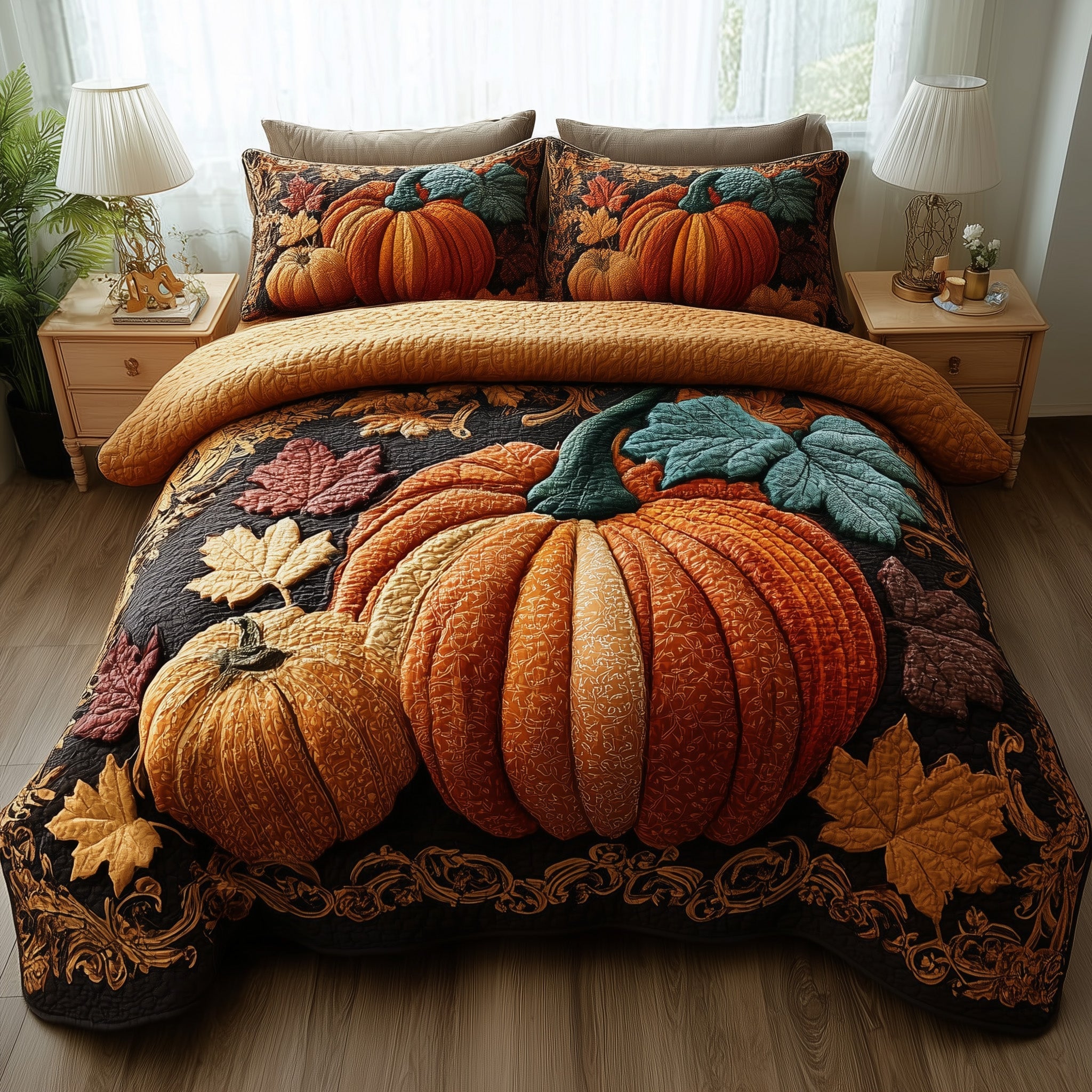 Rustic Pumpkin Charm Quilted Bedding Set All-Season