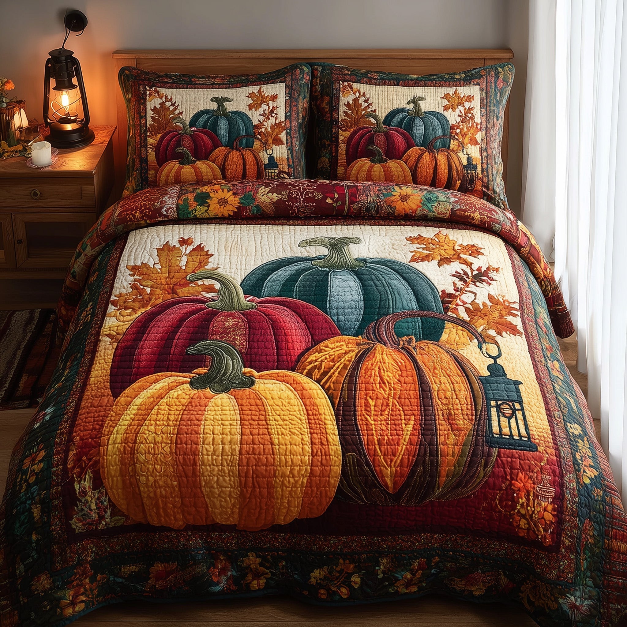 Rustic Pumpkin Charm Quilted Bedding Set Durable & Long-lasting