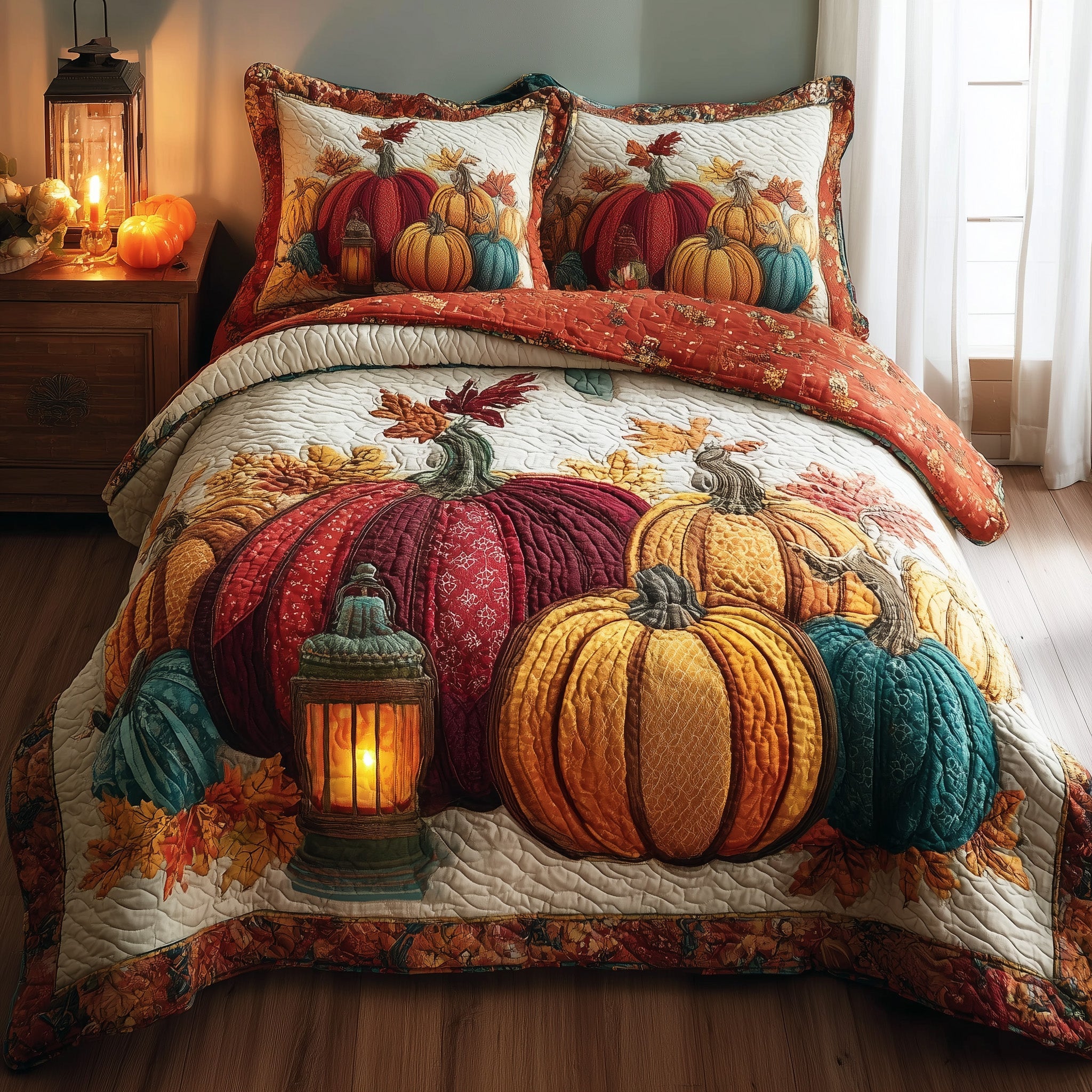 Rustic Pumpkin Charm Quilted Bedding Set Farmhouse Style
