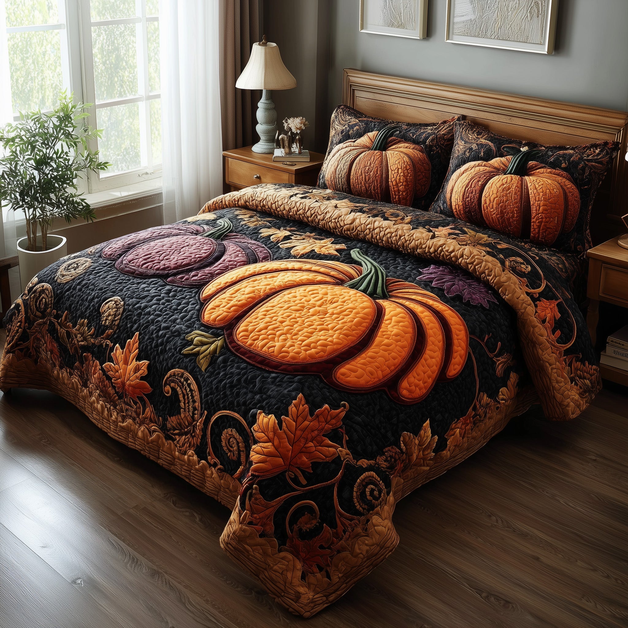 Rustic Pumpkin Charm Quilted Bedding Set Home Decor Collection