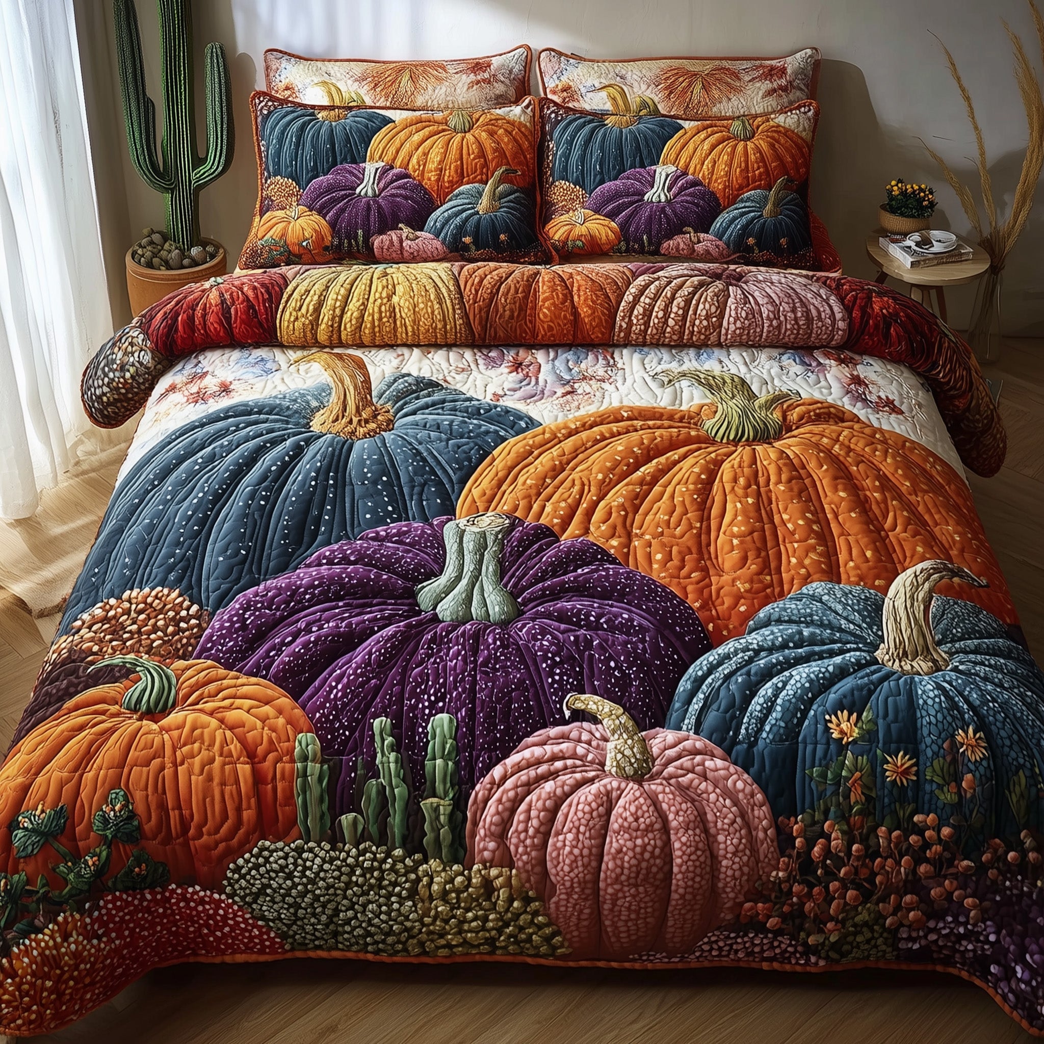 Rustic Pumpkin Charm Quilted Bedding Set Microfiber