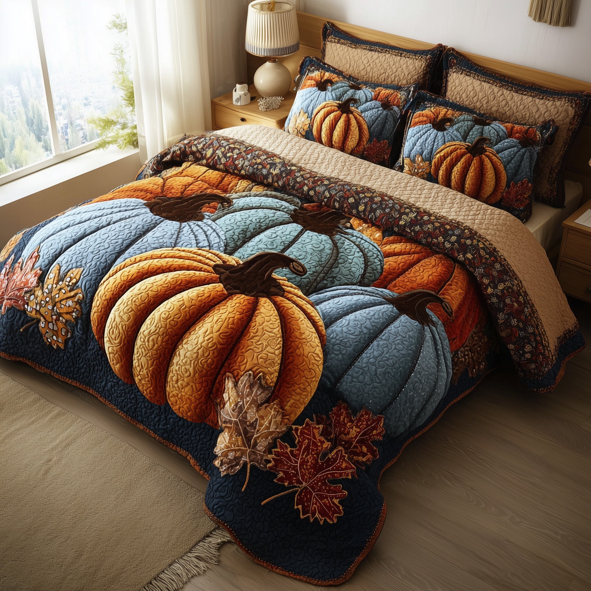 Rustic Pumpkin Charm Quilted Bedding Set Unique Pattern