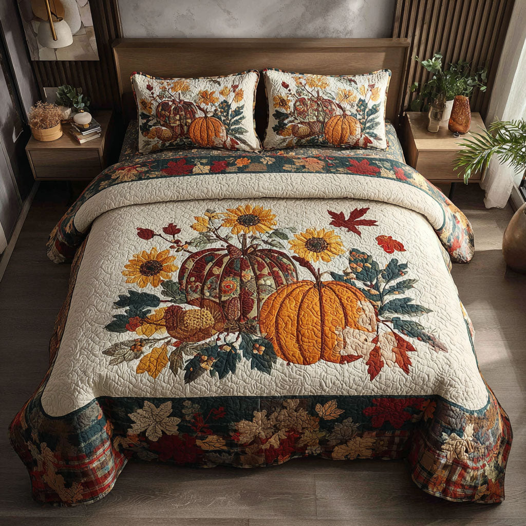 Rustic Pumpkin Fields Quilted Bedding Set Bed Decor Autumn Inspired Gifts
