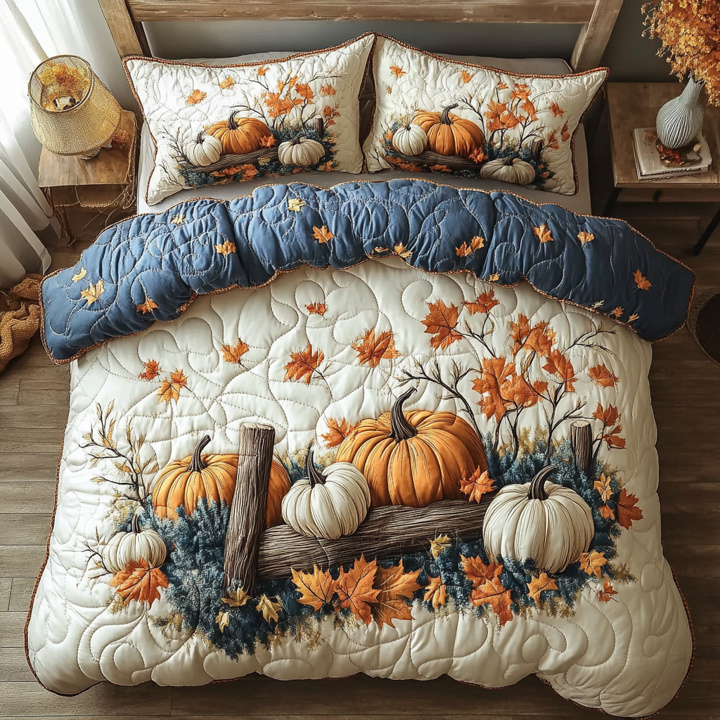 Rustic Pumpkin Quilted Bedding Set Aesthetic Room Decor Fall Autumn Season Gifts