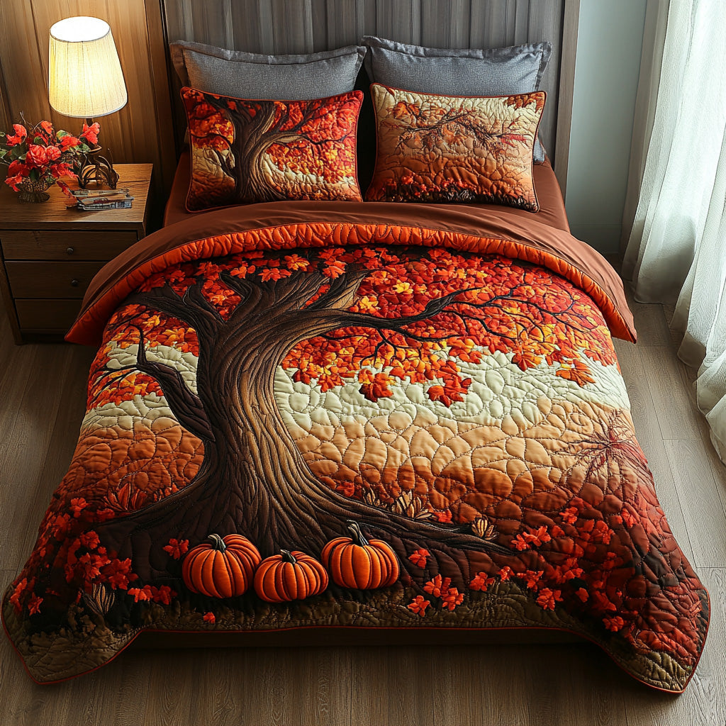 Rustic Pumpkin Quilted Bedding Set Bed Room Decoration Cozy Fall Gift Ideas