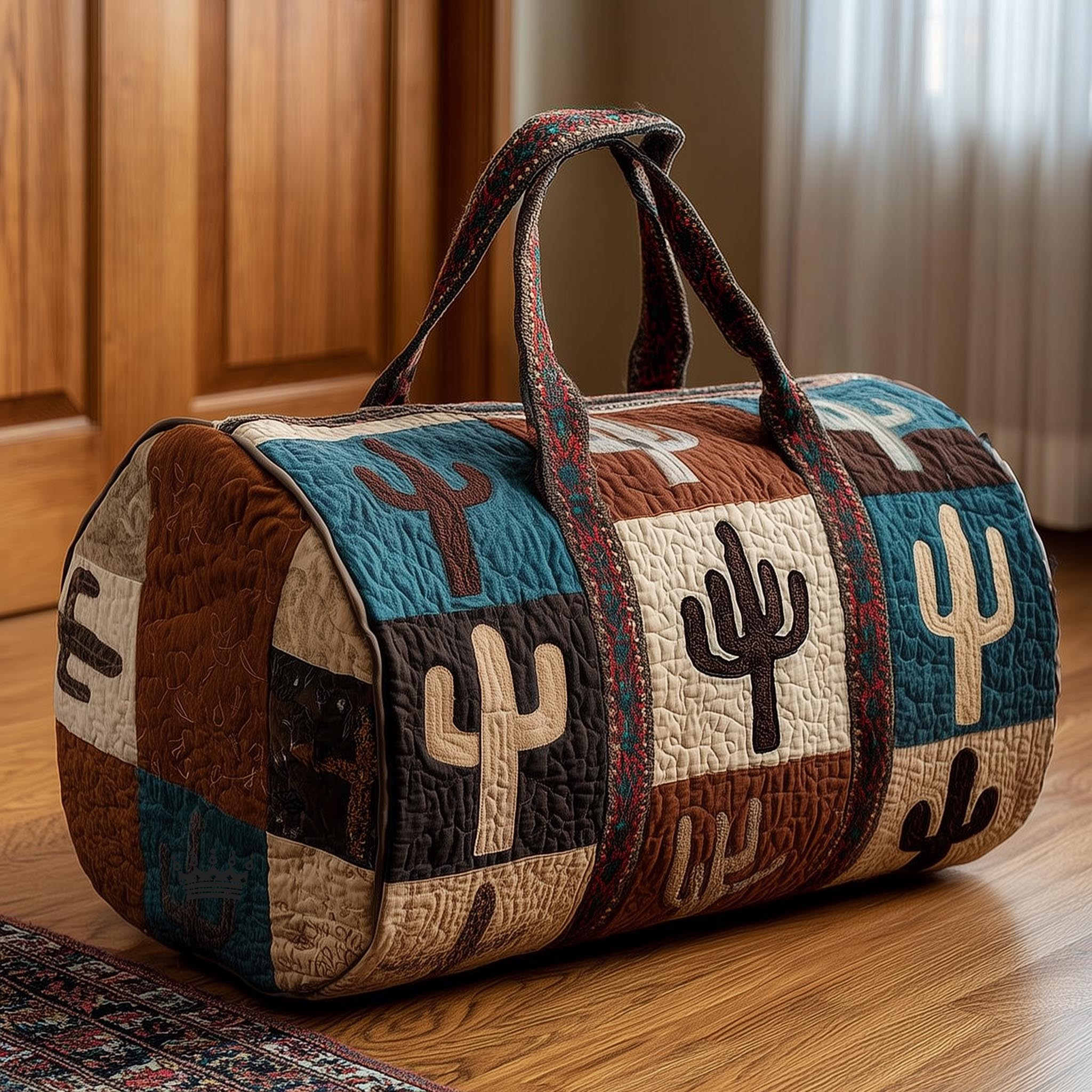 Rustic Ranch Quilted Duffle Bag Desert Cactus Western Teal Brown Travel Bag Best Gift For Western Lovers