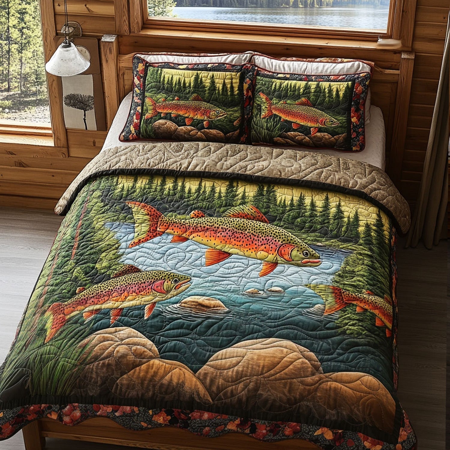 Rustic River Dreams Quilted Bedding Set Bedroom Decorations Good Gifts For Fishermen