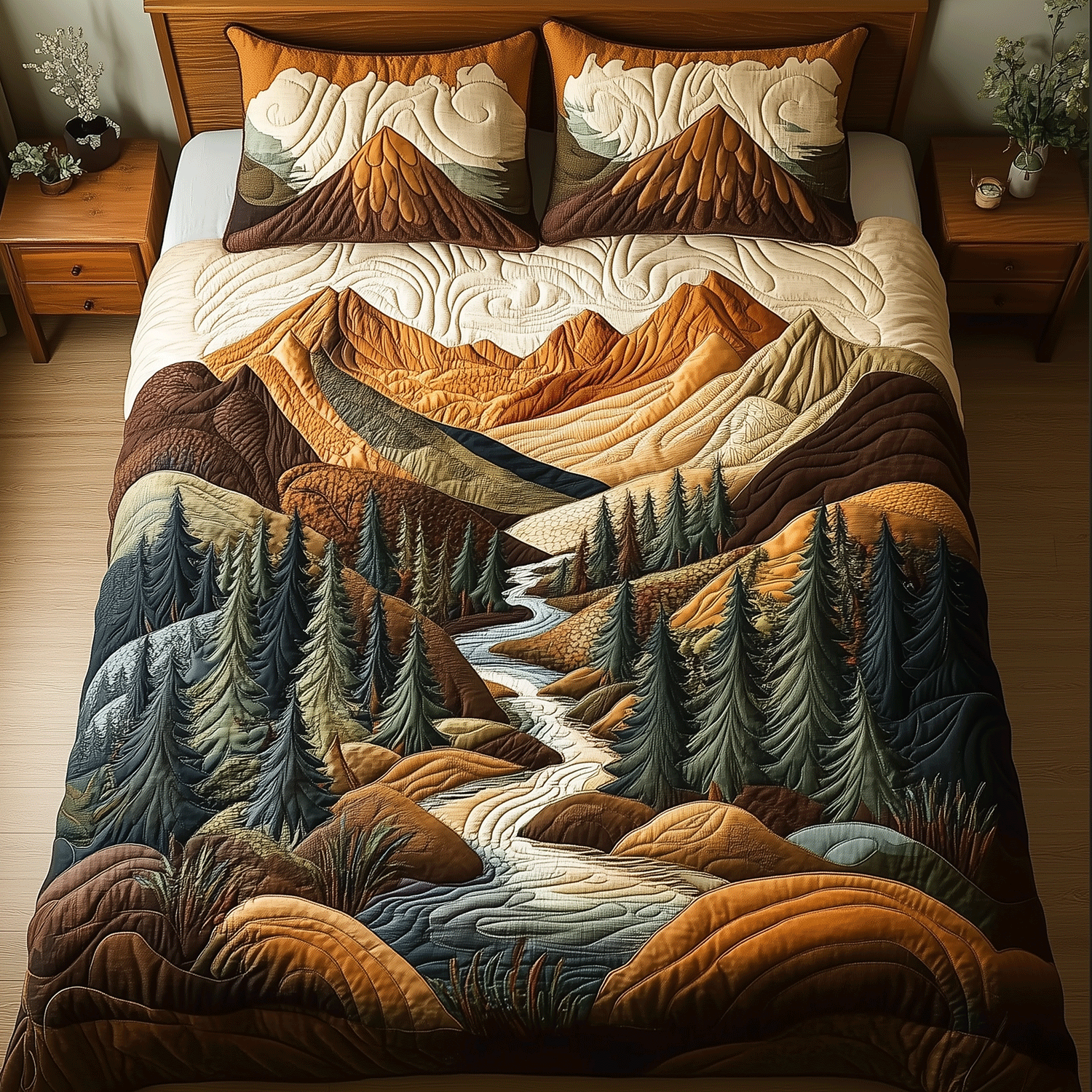 Rustic River Flow Quilted Bedding Set Bed Decorations Gifts For Someone Who Loves Nature