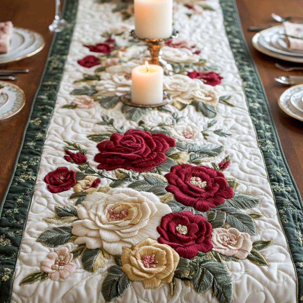 Rustic Romance Quilted Table Runner Dining Table Decor Gifts For Flower Enthusiasts