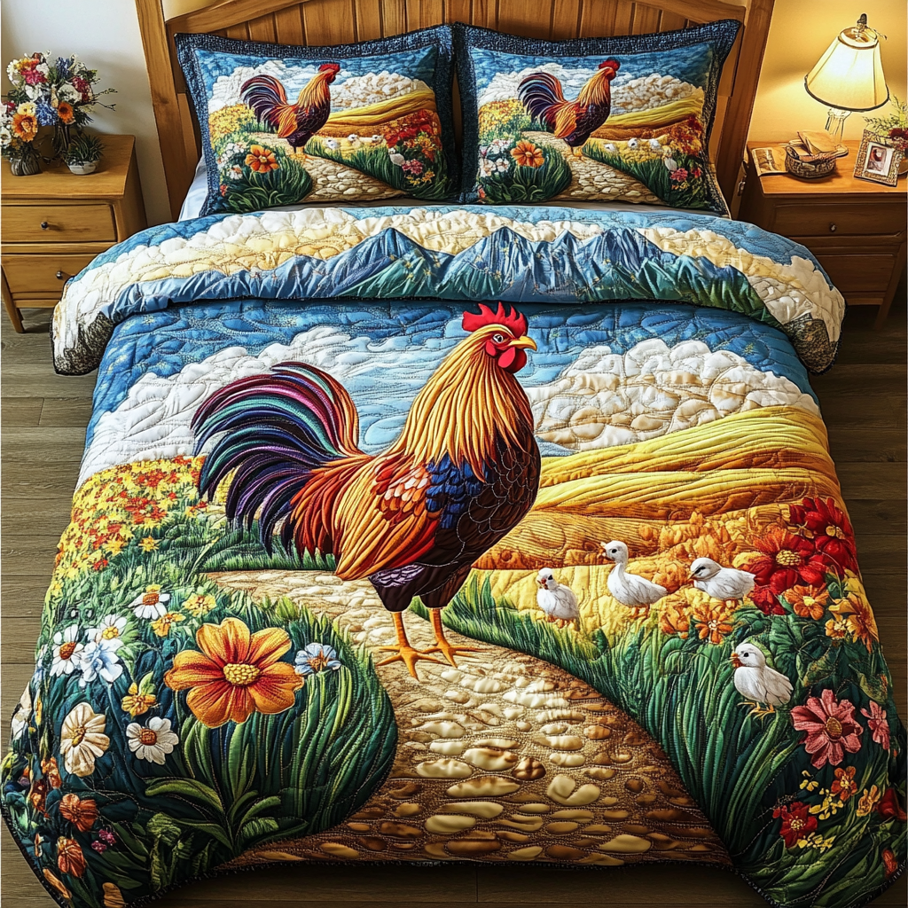 Rustic Rooster Quilted Bedding Set Bed Room Decoration Gifts With Chickens On Them