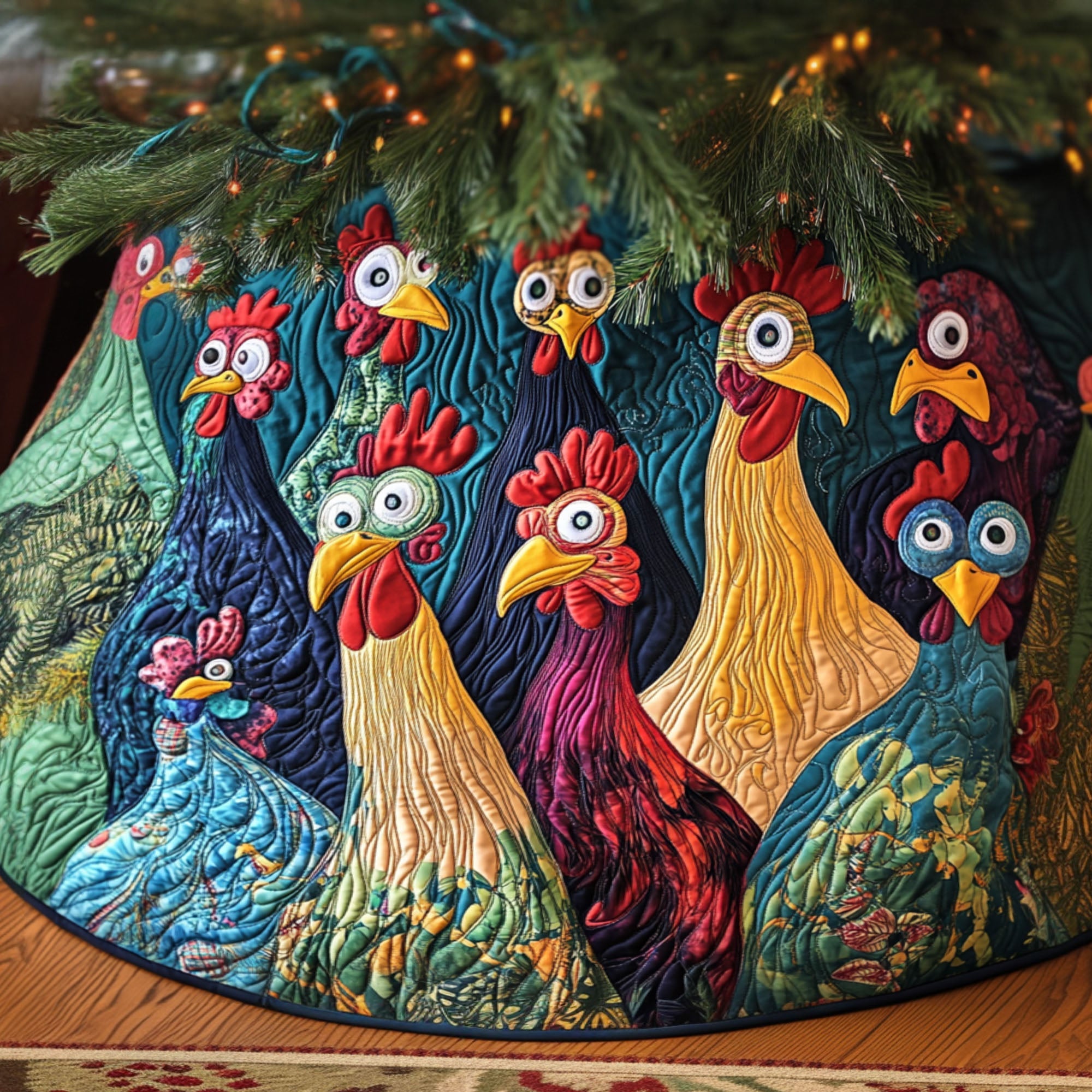 Rustic Roosters Quilted Christmas Tree Skirt Perfect Merch Gift Tree Skirt for Holiday Season