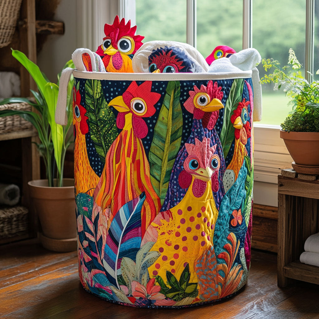 Rustic Roosters Quilted Laundry Basket Mother's Day Merch Gift