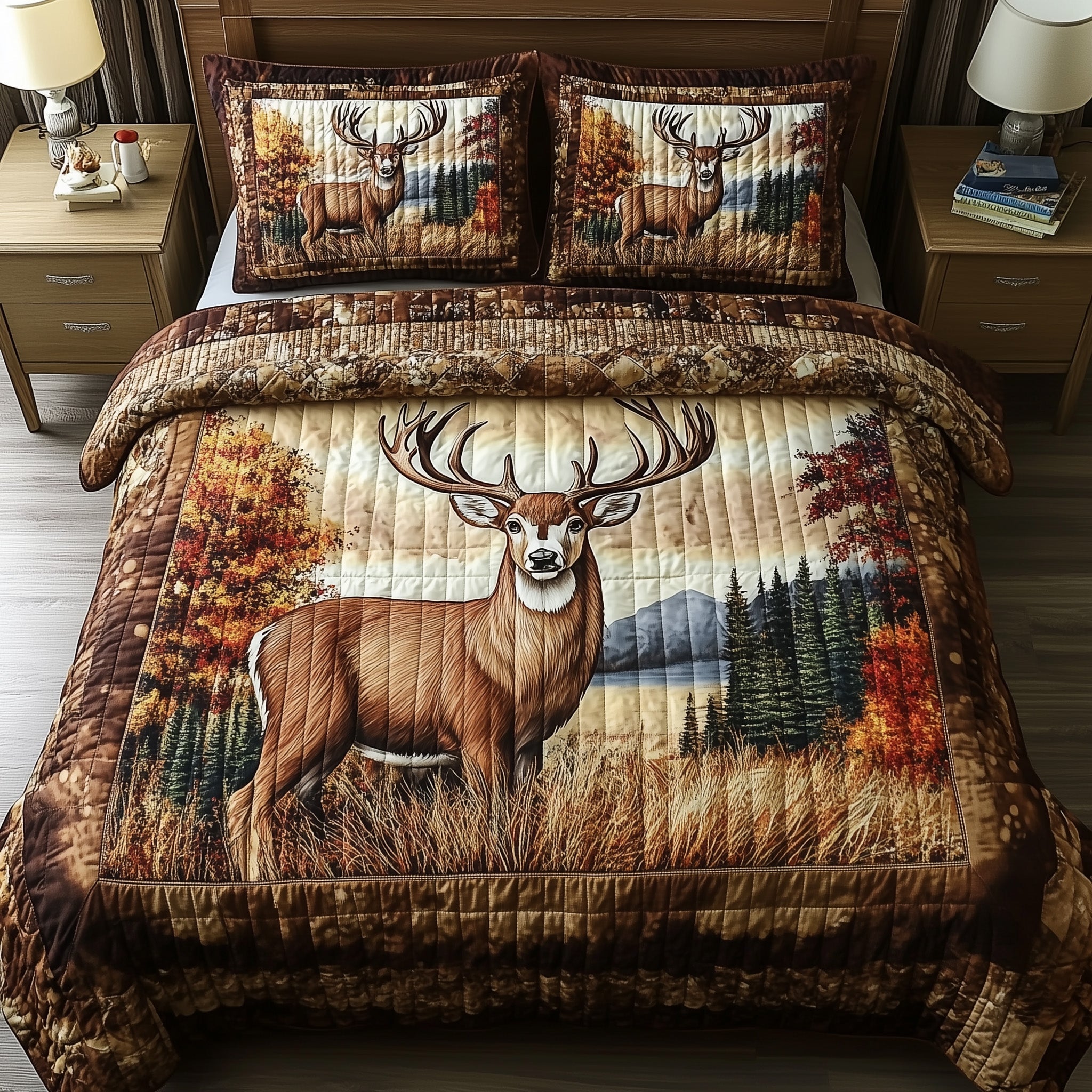 Rustic Stag Quilted Bedding Set Duvet Cover Bed Sheet Deer Hunters Gifts For Dad