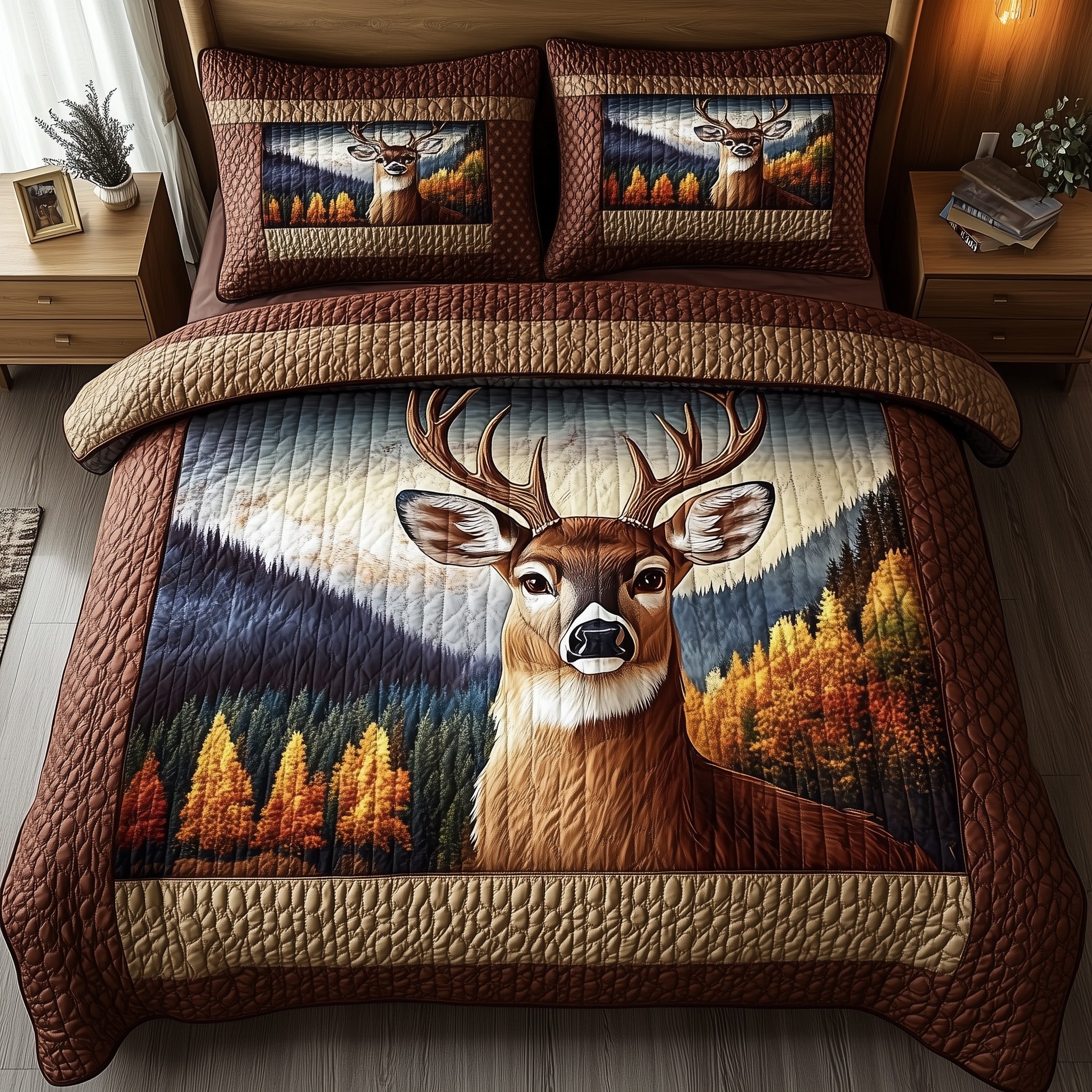 Rustic Stag Quilted Bedding Set Duvet Cover Bed Sheet Forest Deer Gifts For Him
