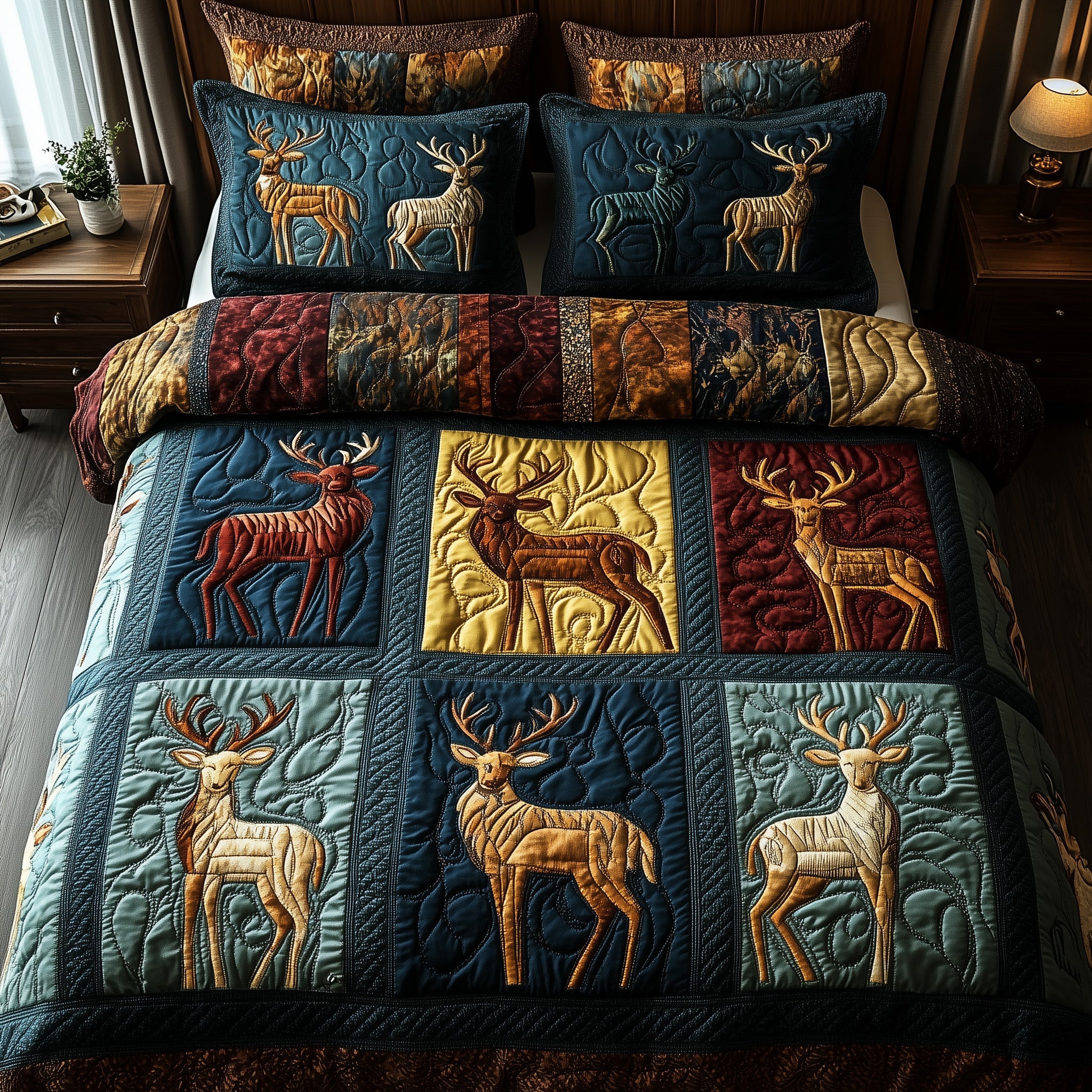 Rustic Stag Quilted Bedding Set Duvet Cover Bed Sheet Gifts For Deer Hunters
