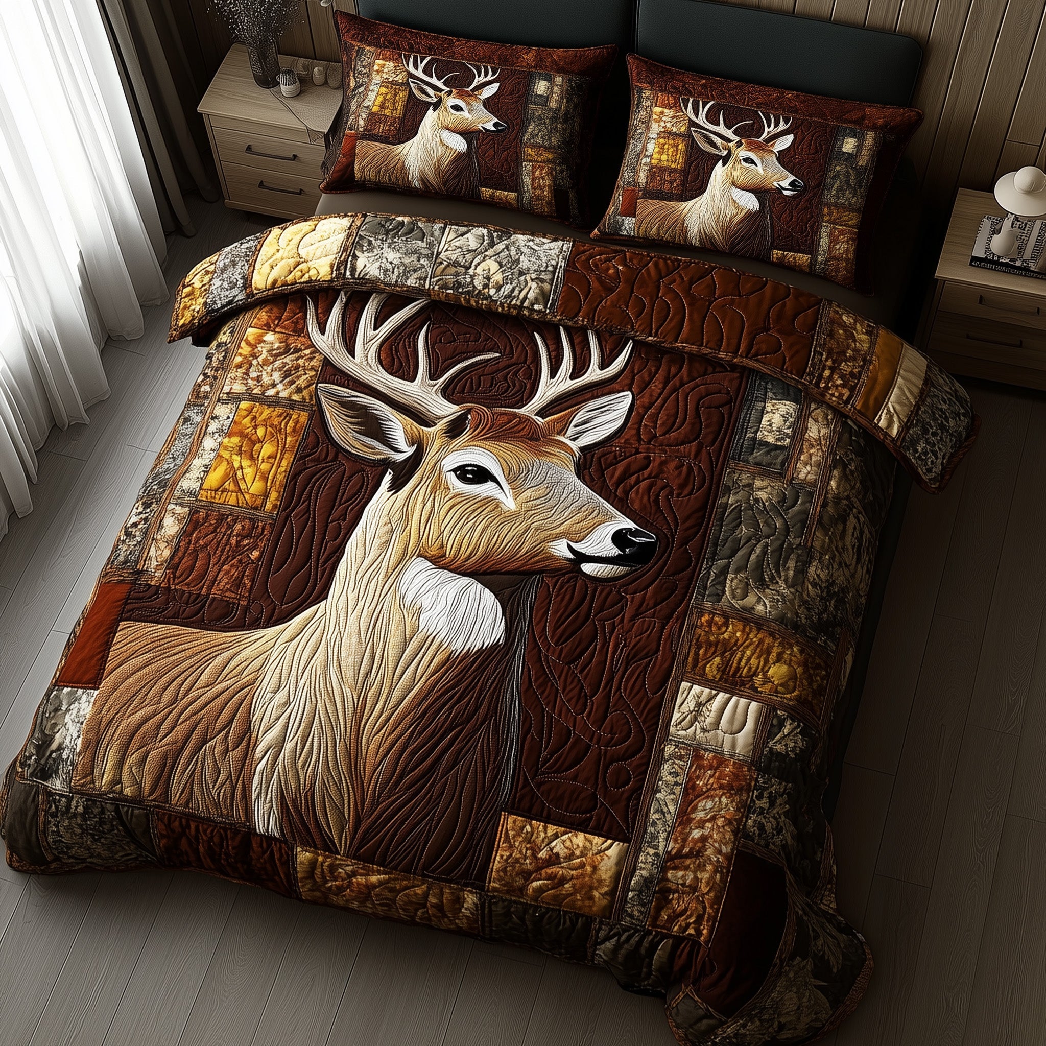 Rustic Stag Quilted Bedding Set Duvet Cover Bed Sheet Gifts For Deer Lovers