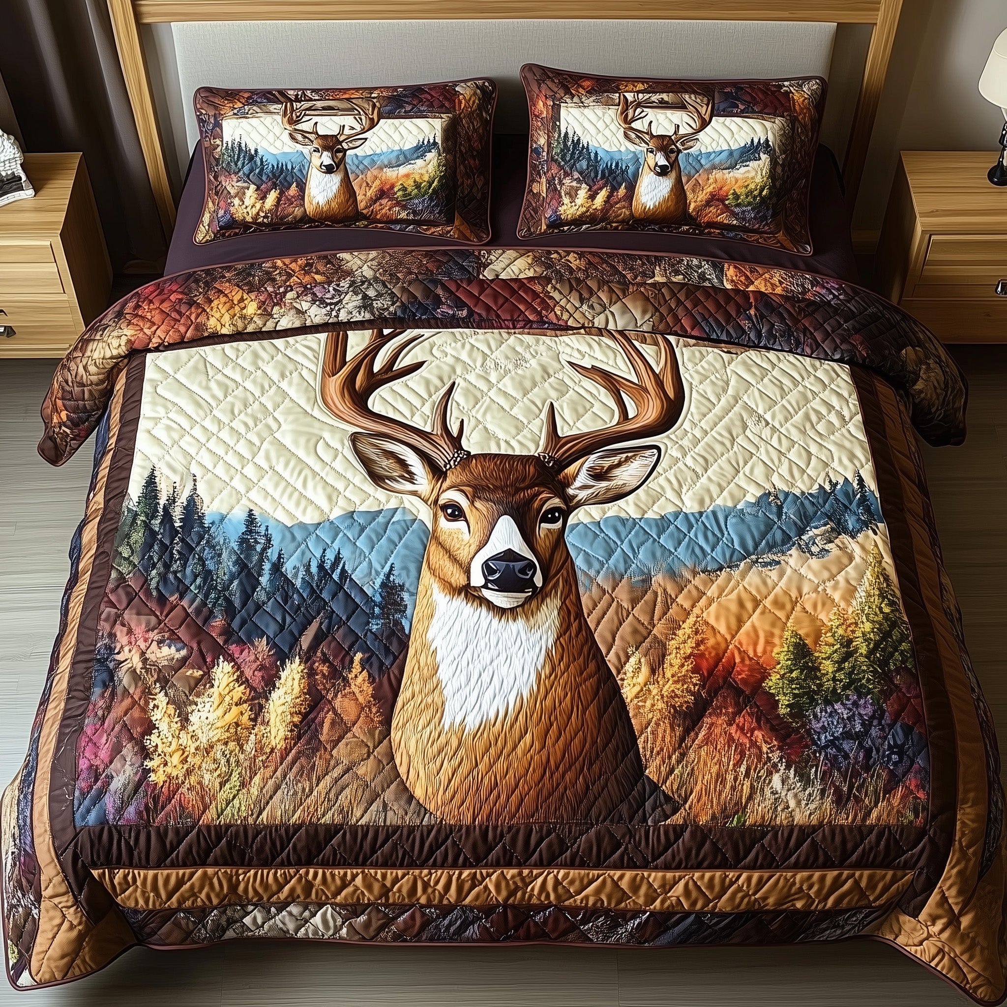 Rustic Stag Quilted Bedding Set Duvet Cover Bed Sheet Presents For Deer Hunters