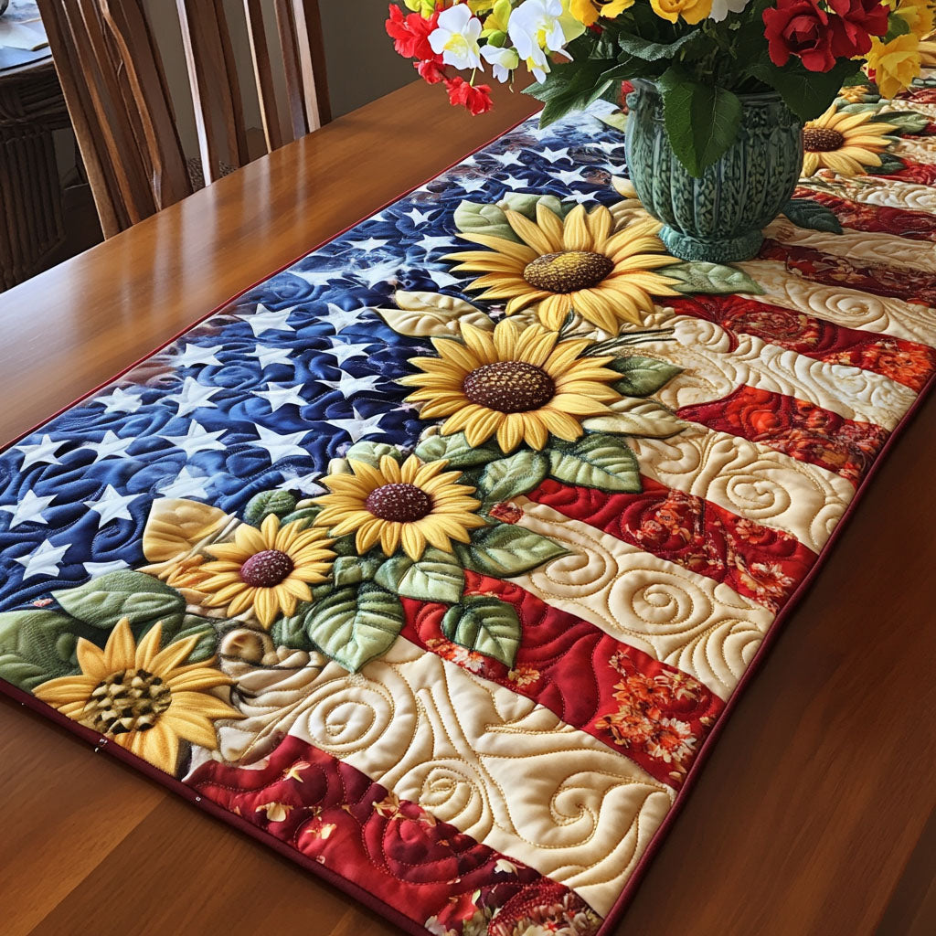 Rustic Sunburst Pride Quilted Table Runner Kitchen Decor Patriotic Themed Gifts