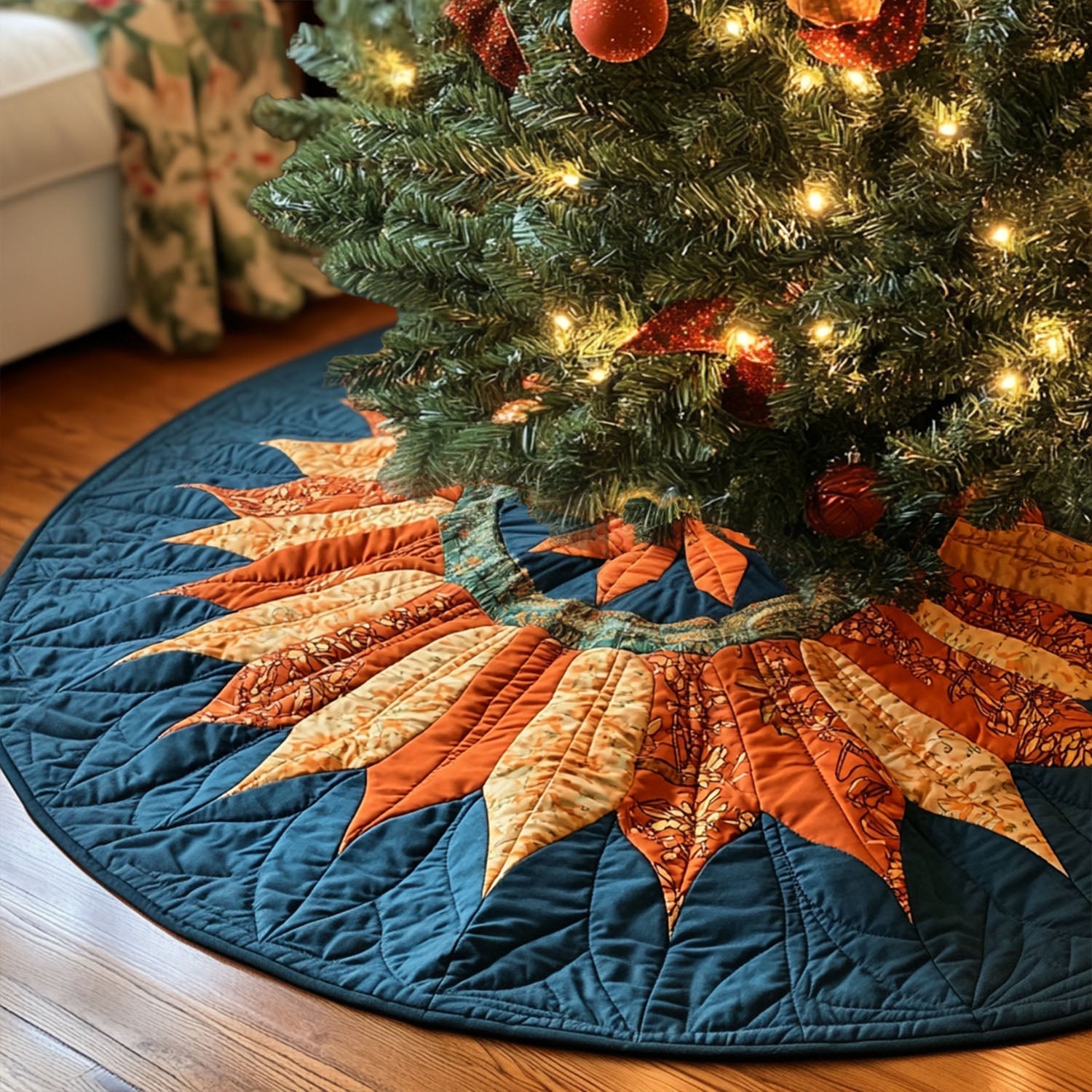 Rustic Sunburst Quilted Christmas Tree Skirt Thoughtful Holiday Decor Gift Featuring Quilted Tree Skirt