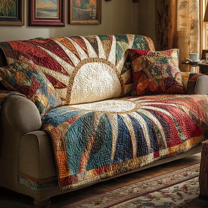 Rustic Sunburst Quilted Sofa Cover Boho Mandala Furniture Protector Best Home Decor Gift Ideas