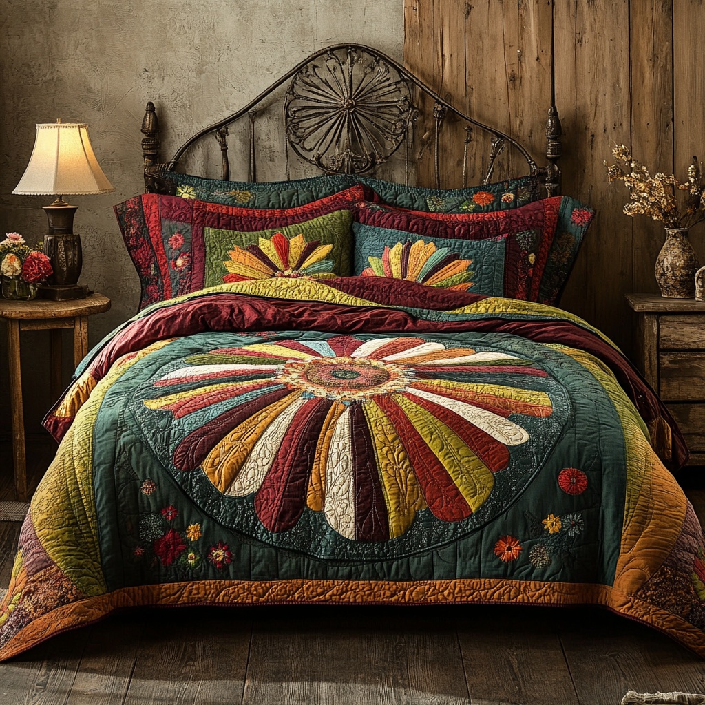Rustic Sunflower Charm Quilted Bedding Set Farmhouse Bedroom Decor Gift For Sunflower Lovers