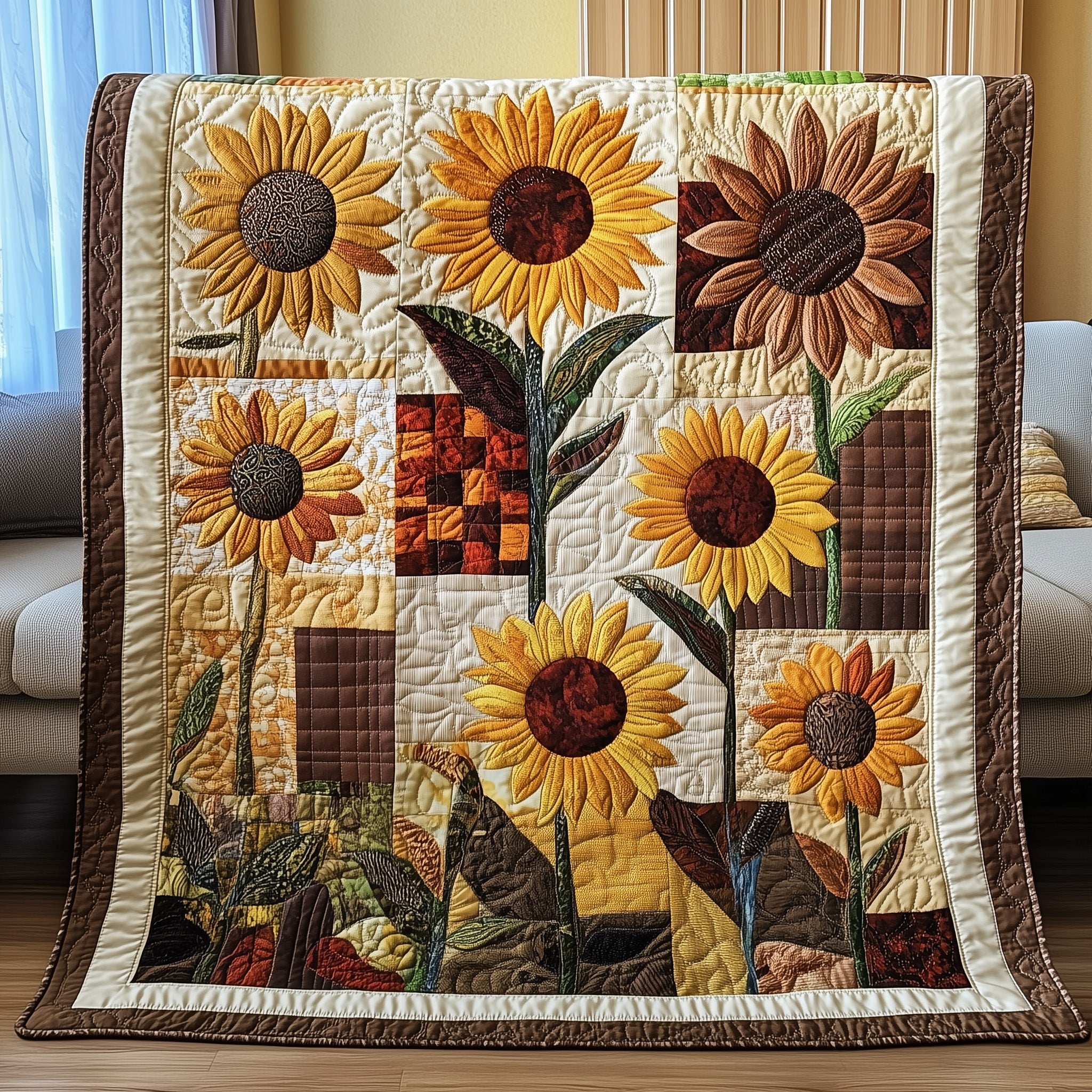 Rustic Sunflower Charm Quilted Blanket Merchandise Throw BlanketMother Daughter Christmas Gifts