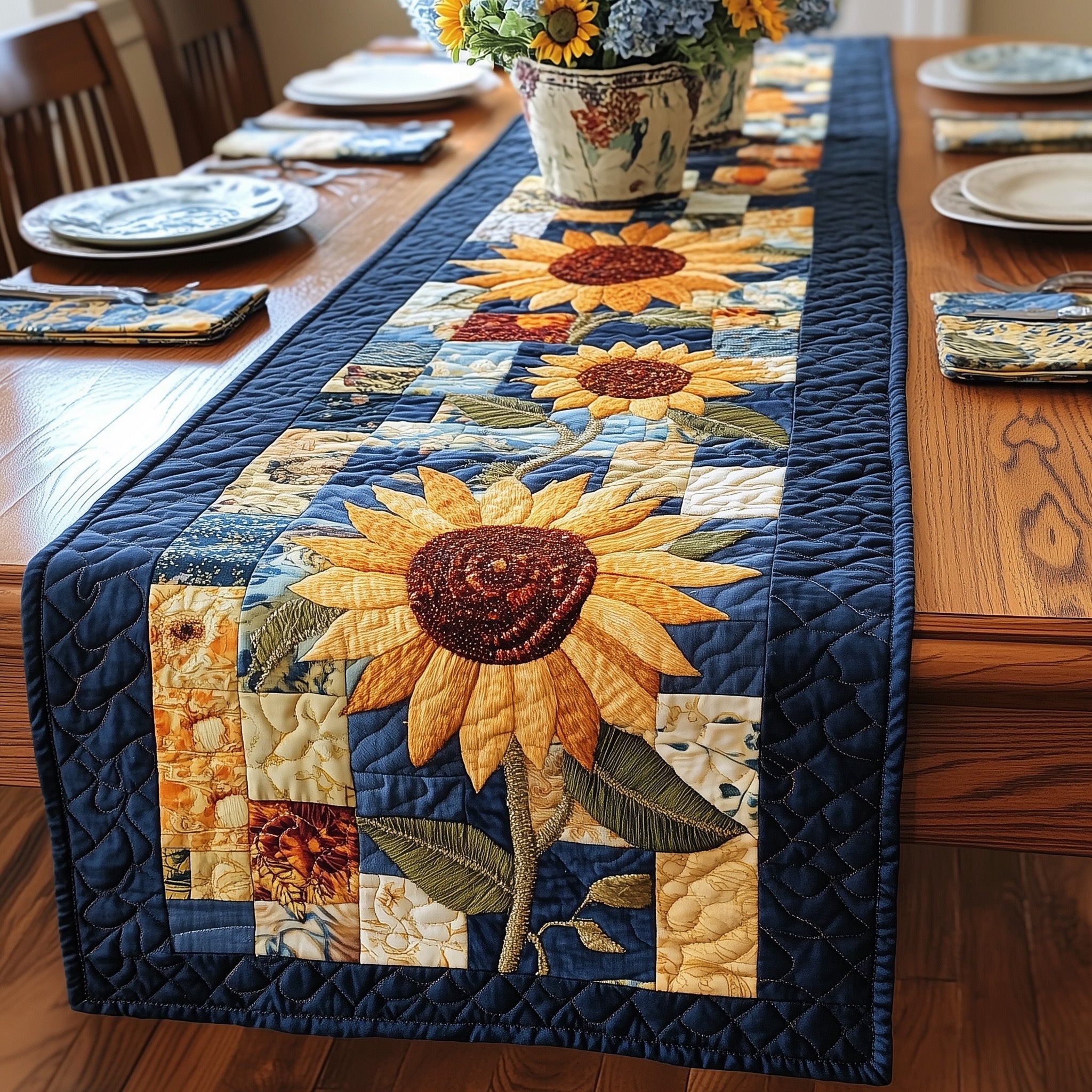 Rustic Sunflower Charm Quilted Table Runner Farmhouse Dining Room Decor Gift For Home