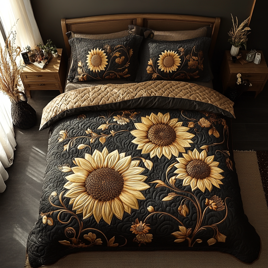 Rustic Sunflower Quilted Bedding Set Beautiful Bedding Merch Gift for a Peaceful Sleep