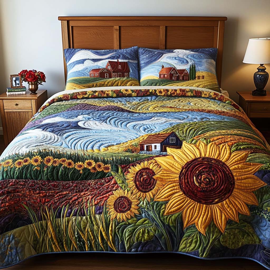 Rustic Sunflower Quilted Bedding Set Bedspreads King Farmhouse Gift For Wife