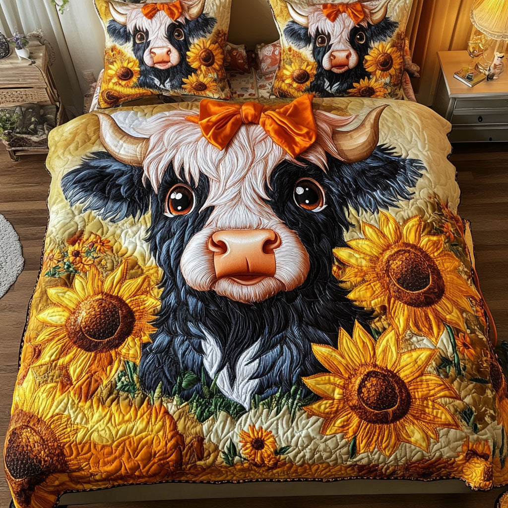 Rustic Sunflowers Quilted Bedding Set Bed Decorations Highland Cattle Merchandise