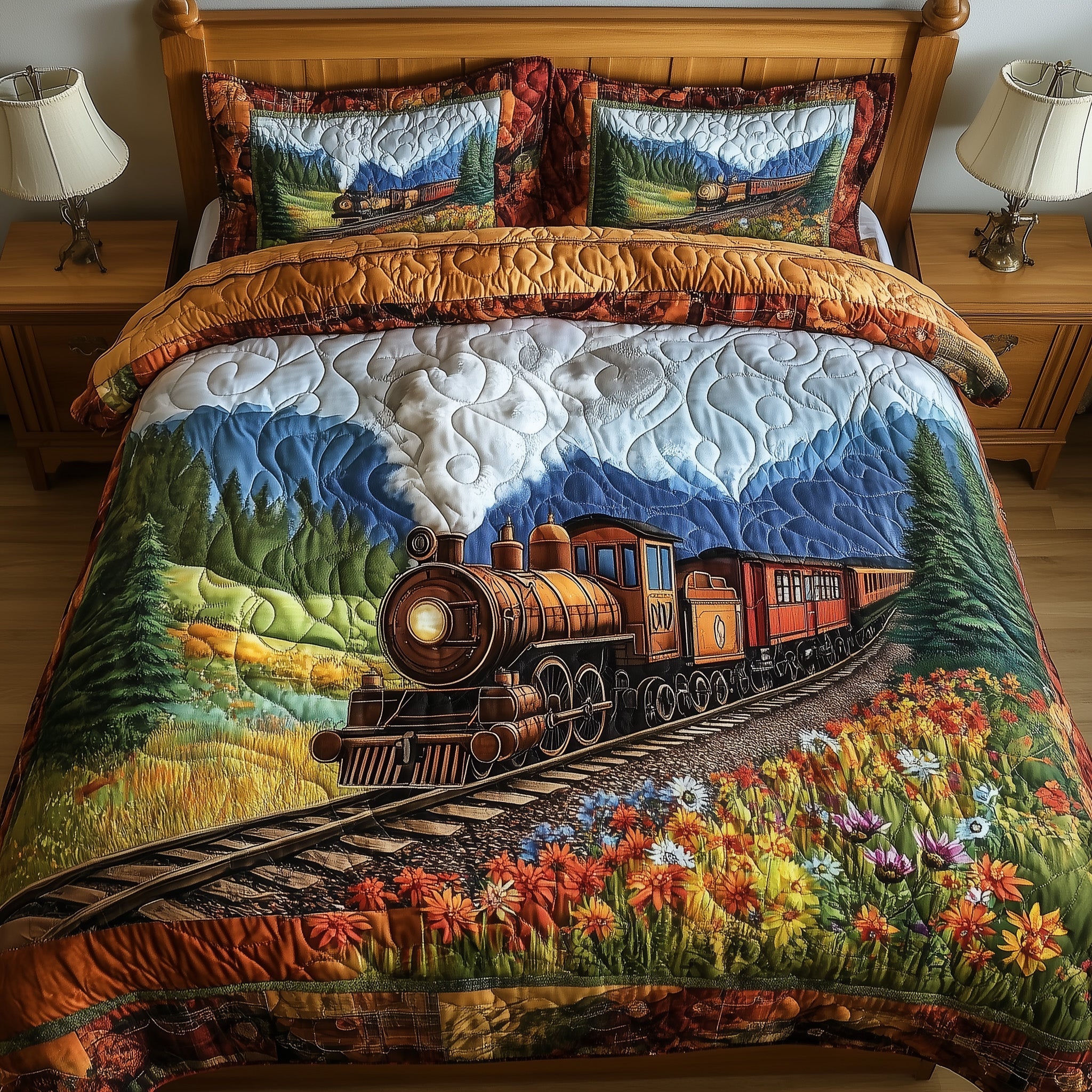 Rustic Train Quilted Bedding Set Classic Train Landscape Vintage Countryside Railway Theme