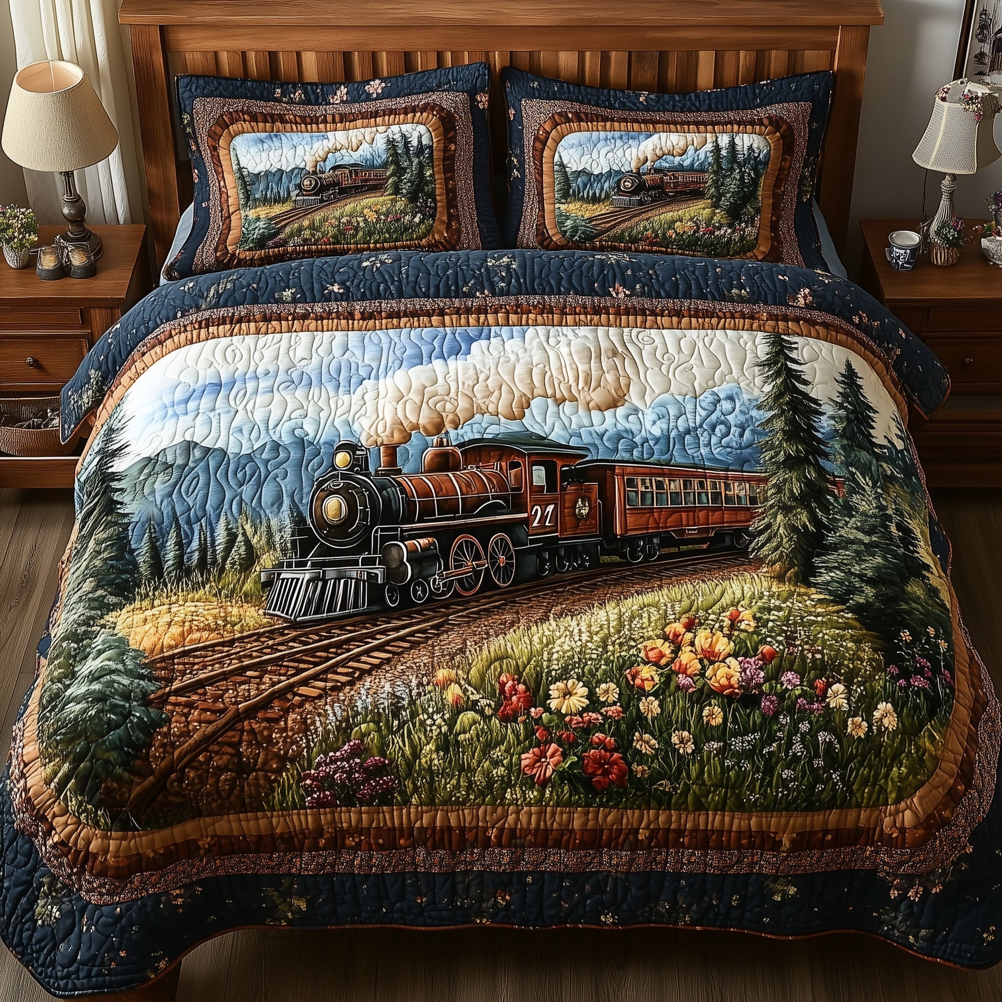 Rustic Train Quilted Bedding Set Country Train Decor Peaceful Scene Bedding Gifts