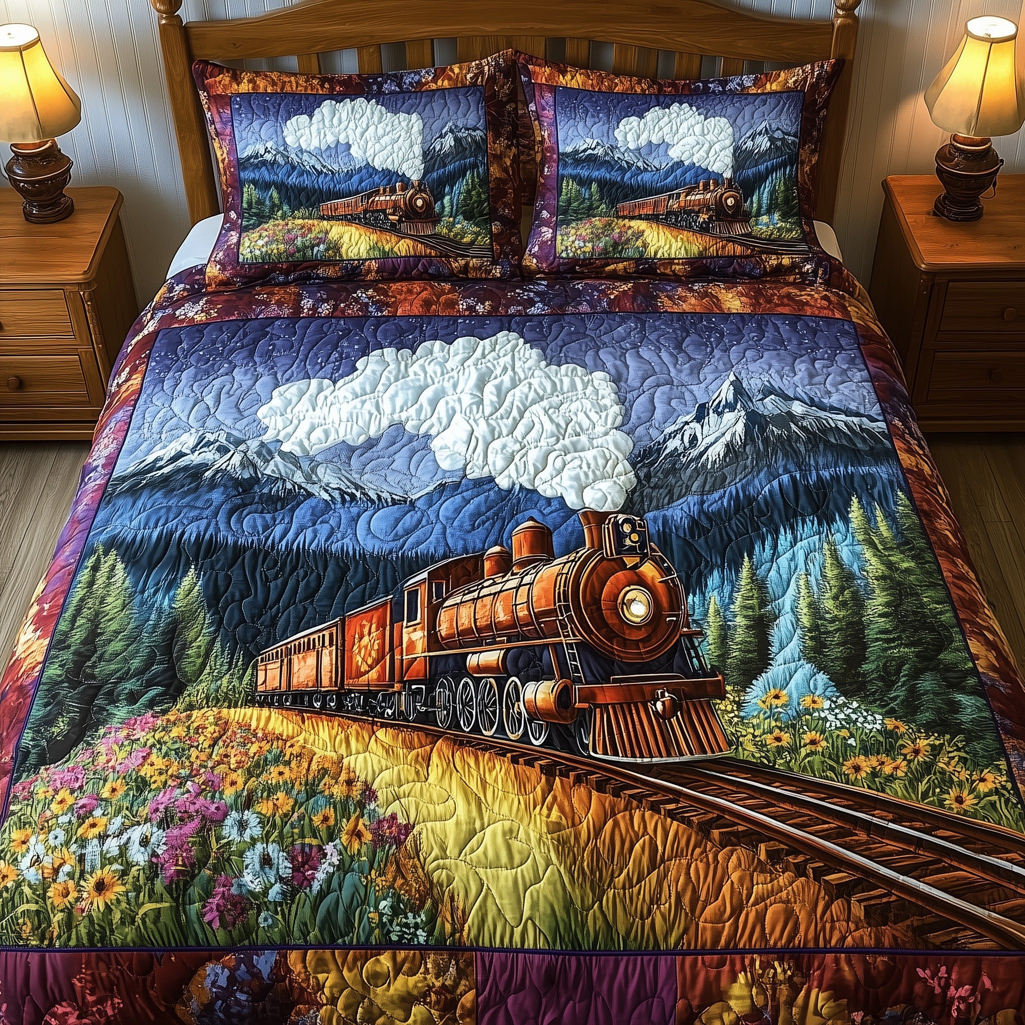 Rustic Train Quilted Bedding Set Country Train Decor Peaceful Vibe Bedding Presents