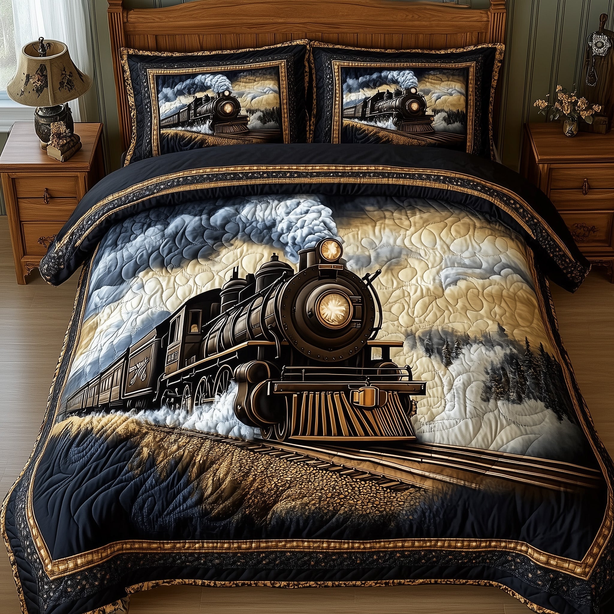 Rustic train Quilted Bedding Set Duvet Cover Merchandise Train Gifts For Men