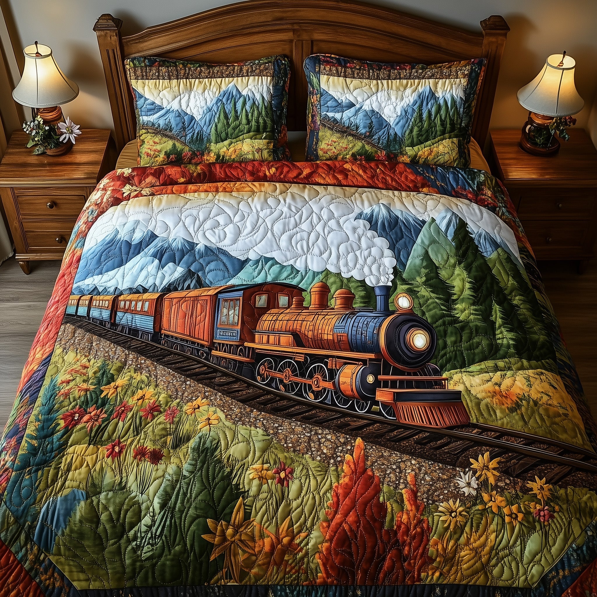 Rustic Train Quilted Bedding Set Flowers Field Vibes Nature Scenery Presents