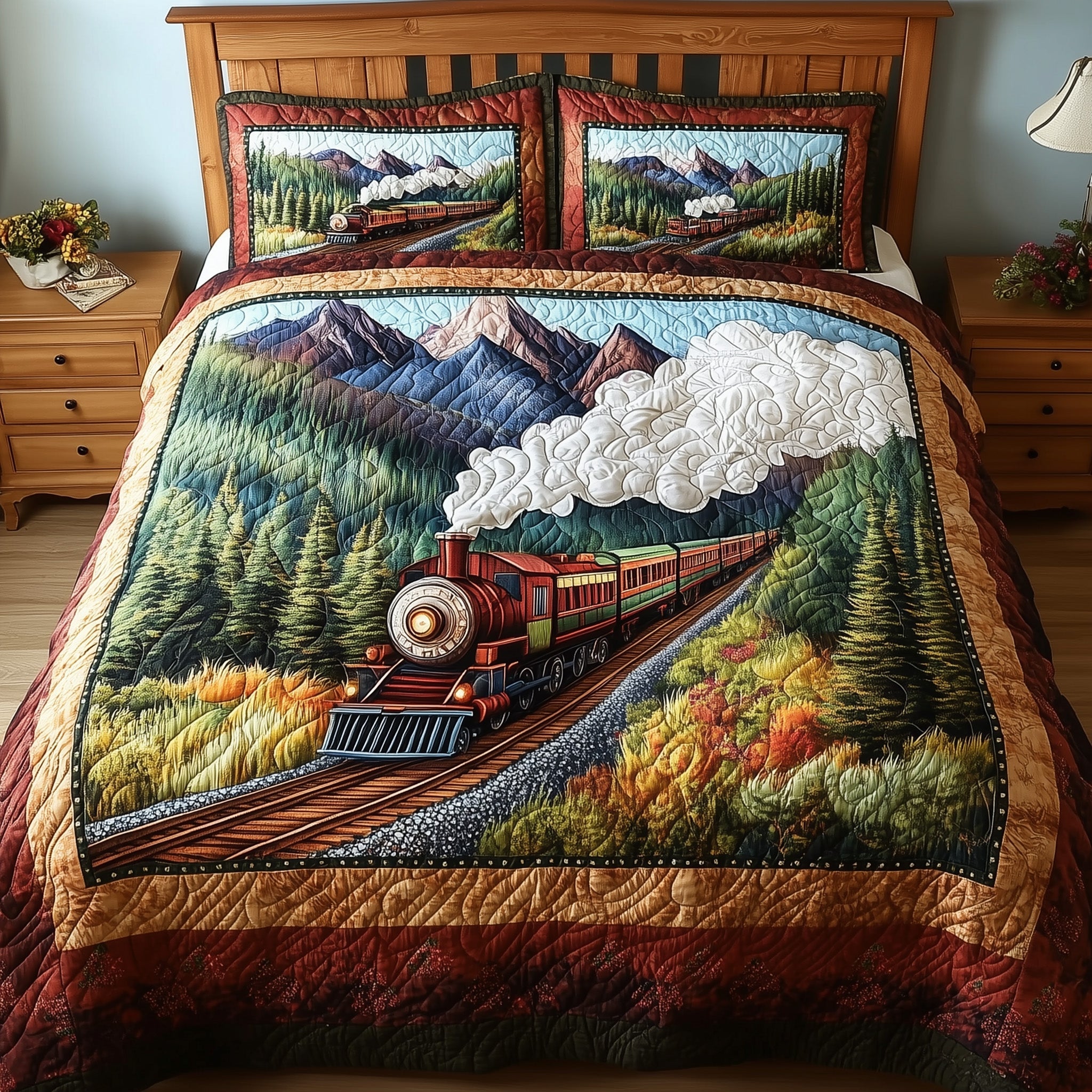 Rustic Train Quilted Bedding Set Peaceful Railway Decor Nature Bedding Theme Gifts