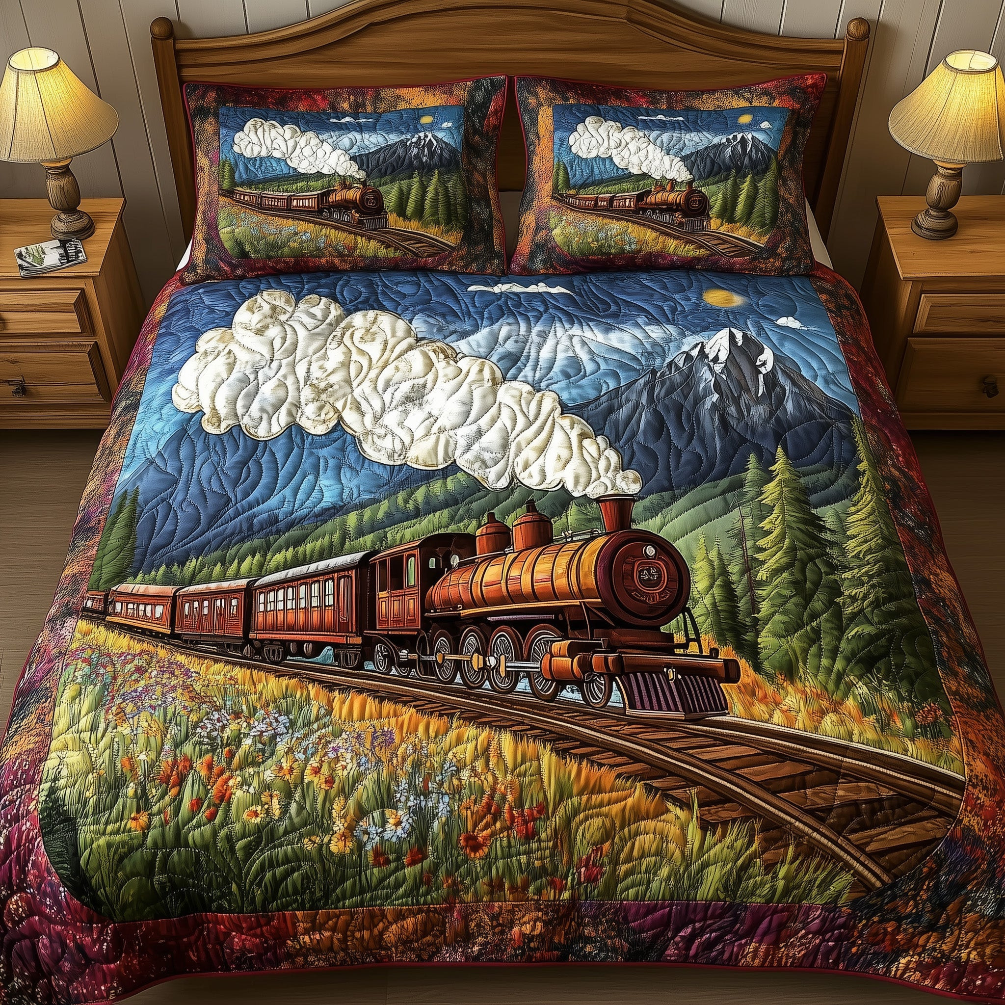 Rustic Train Quilted Bedding Set Rustic Travel Decor Peaceful Scene Bedding Gifts