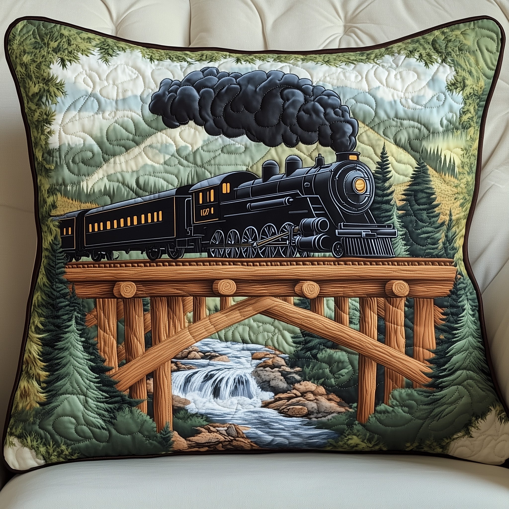 Rustic Train Quilted Pillow Case Square Pillow Cushion CoverGifts For People Who Love Trains