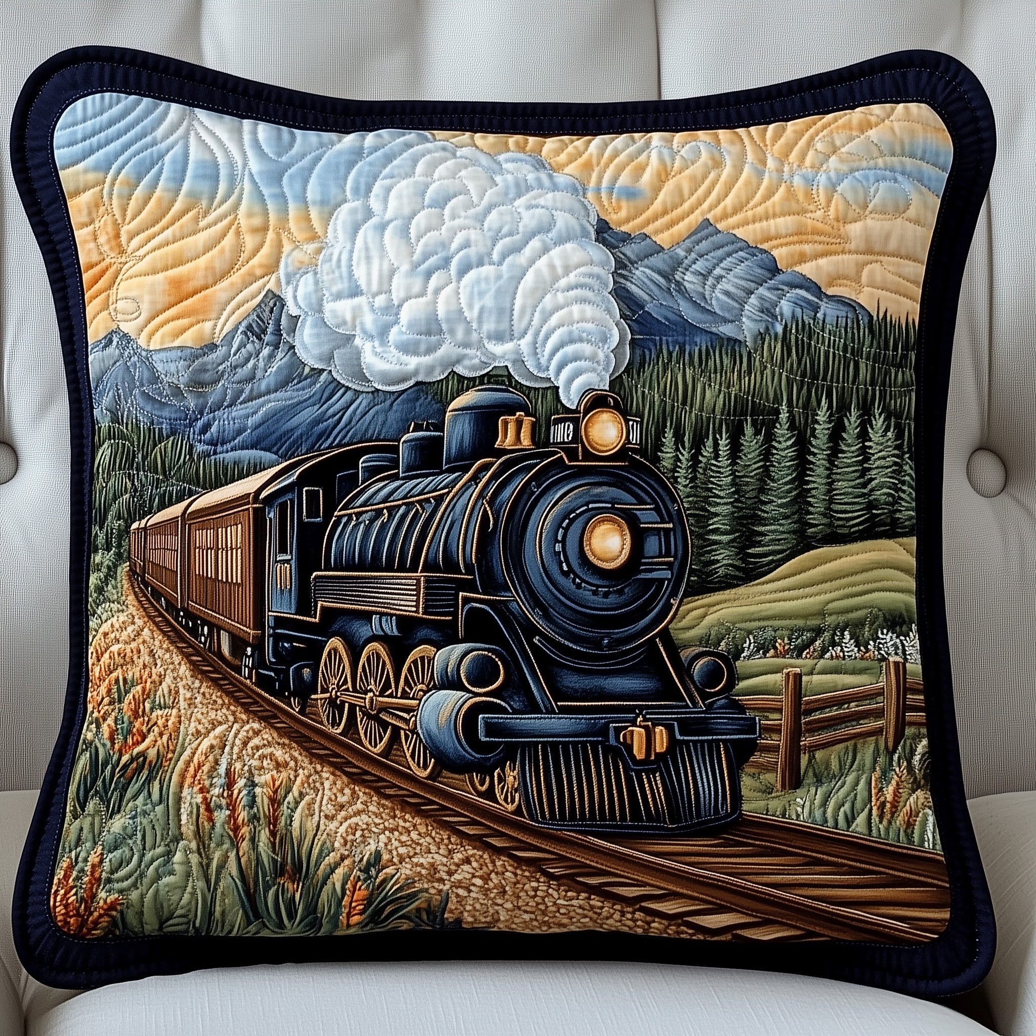 Rustic Train Quilted Pillow Case Square Pillow Cushion CoverGifts For Train Enthusiasts