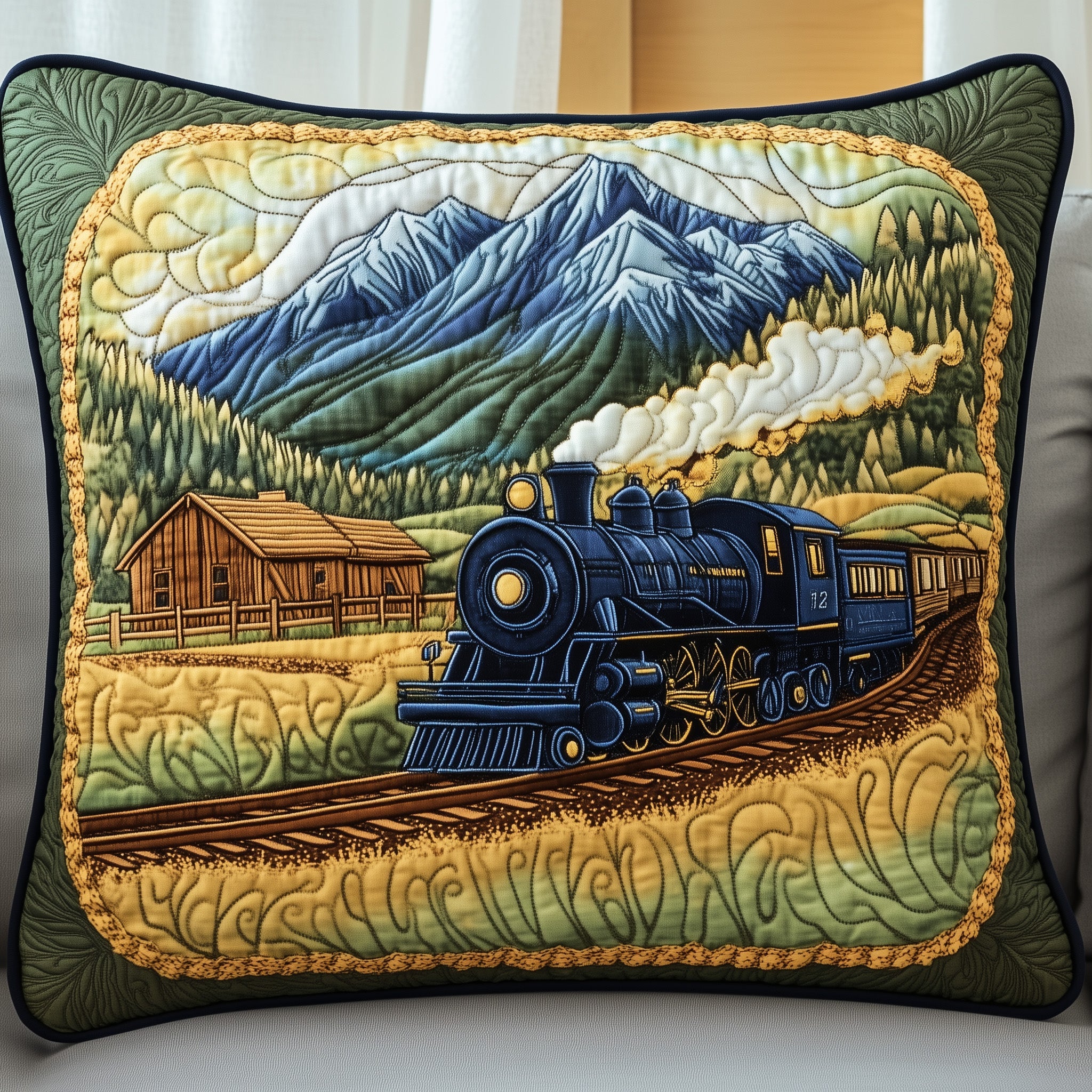 Rustic Train Quilted Pillow Case Square Pillow Cushion CoverGifts For Train Lovers