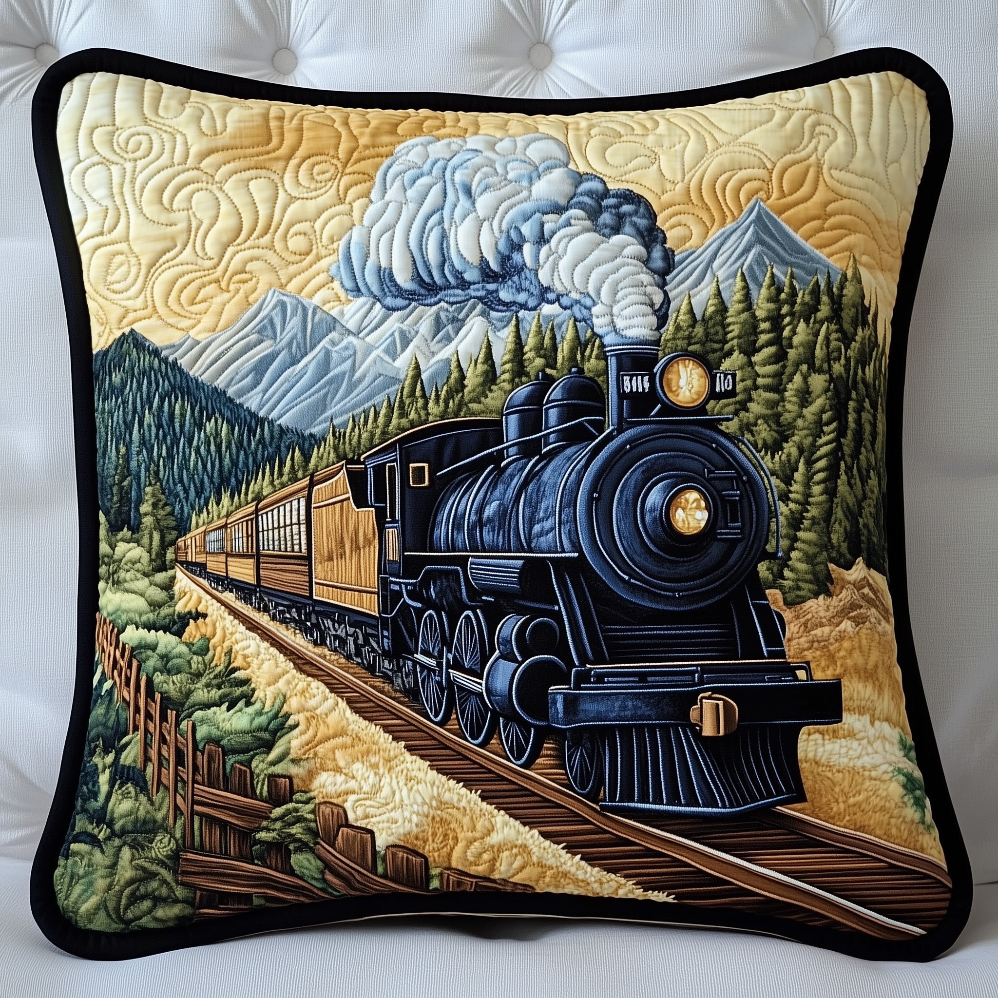 Rustic Train Quilted Pillow Case Square Pillow Cushion CoverTrain Gifts For Adults