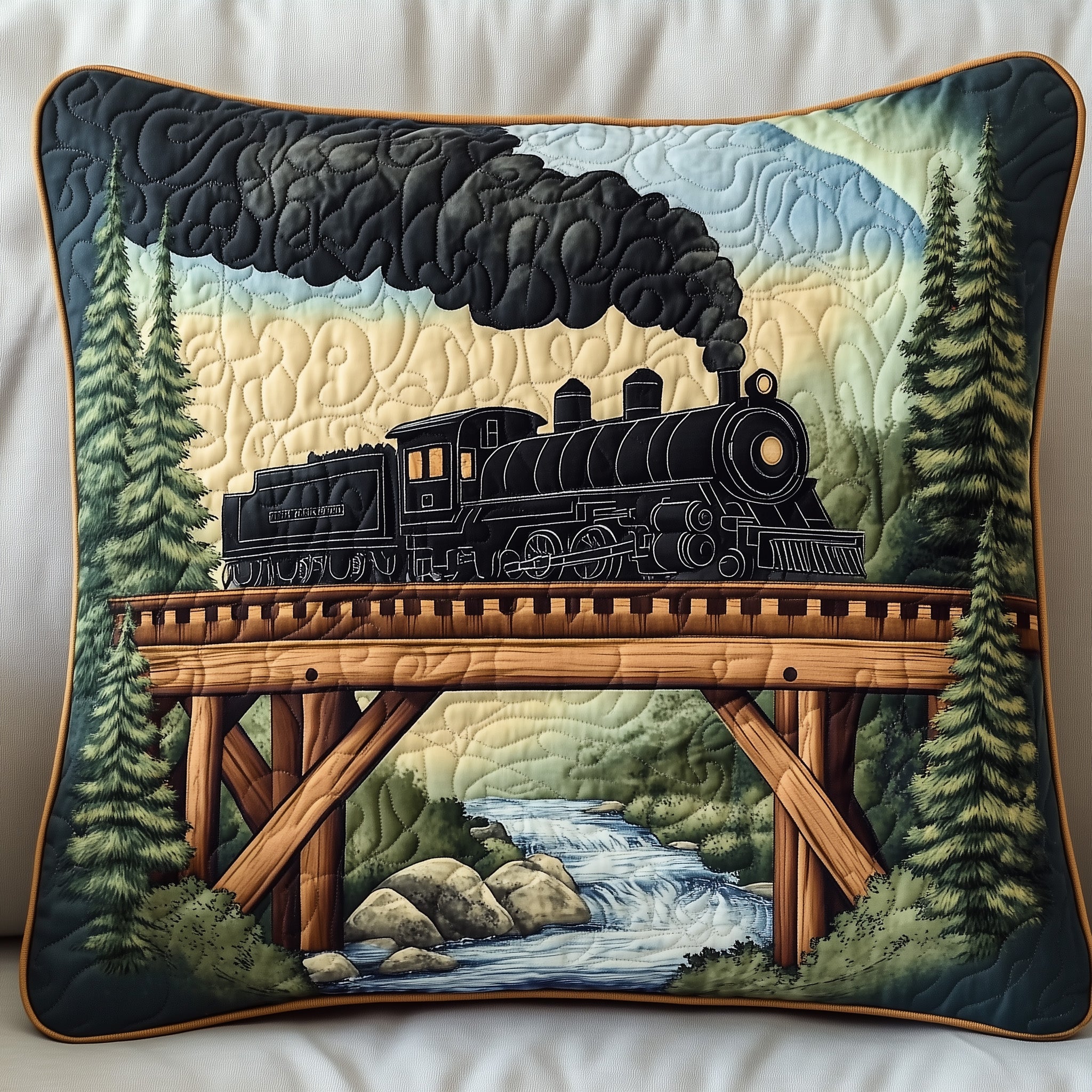 Rustic Train Quilted Pillow Case Square Pillow Cushion CoverTrain Gifts For Dad