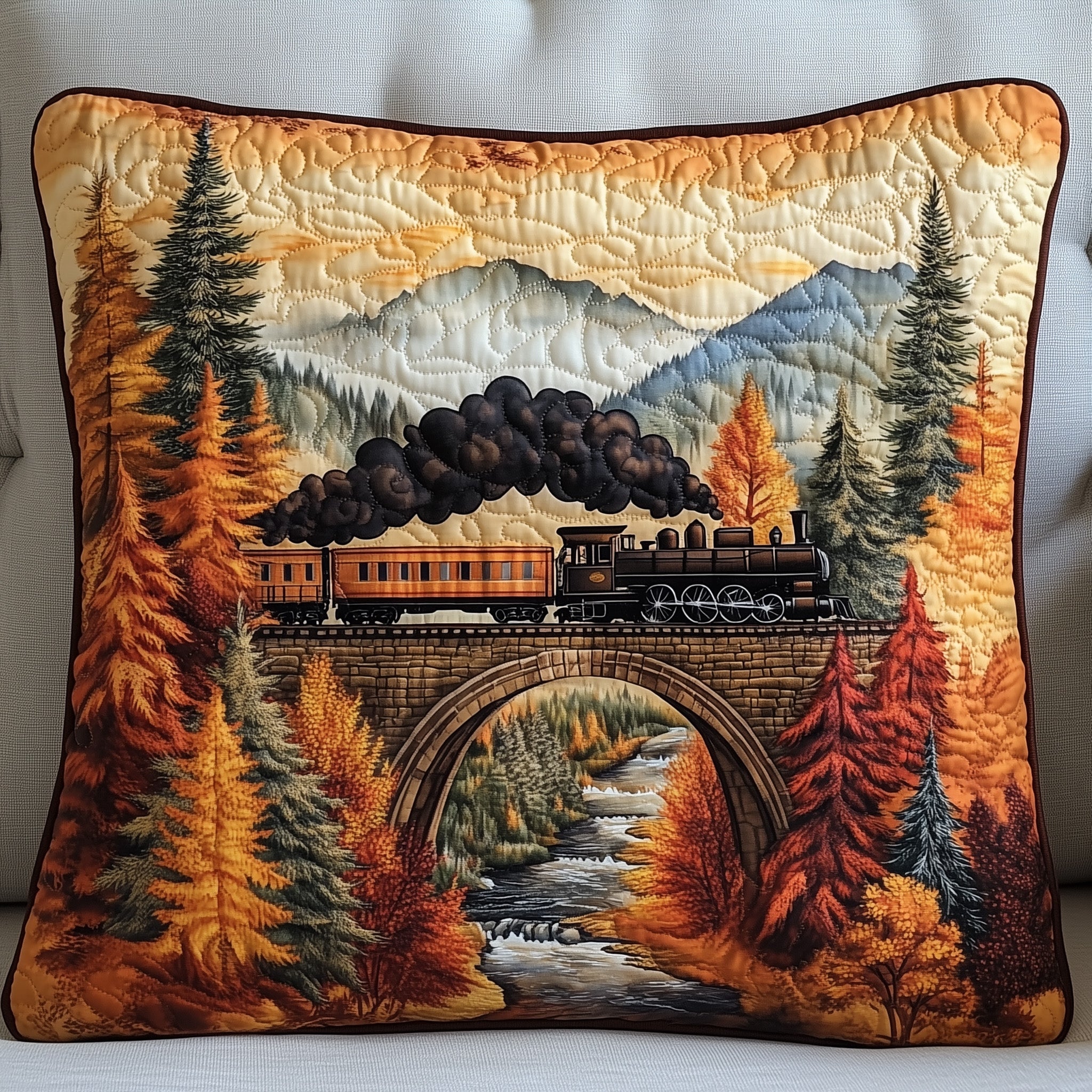 Rustic Train Quilted Pillow Case Square Pillow Cushion CoverUnusual Gifts For Train Lovers