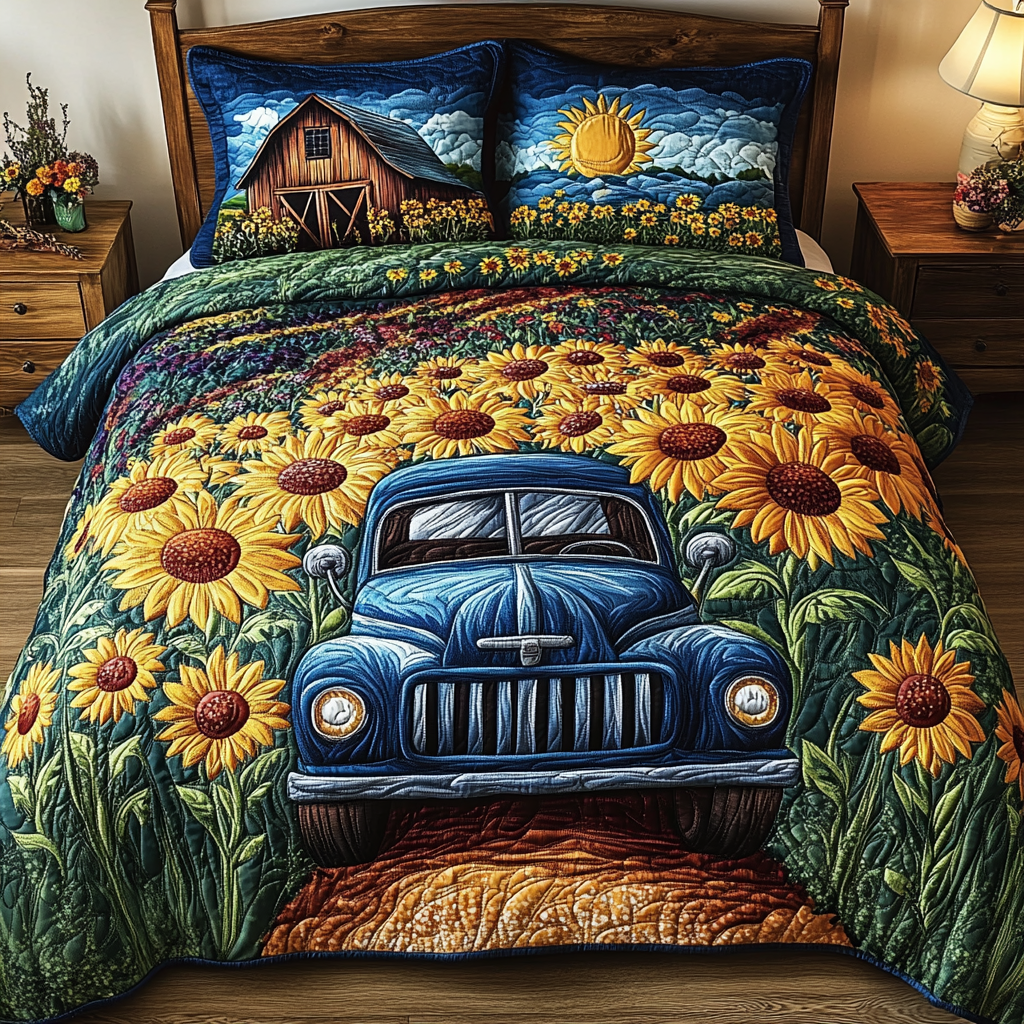 Rustic Truck Quilted Bedding Set Cute Bedroom Decor Sunflower Gifts For Women