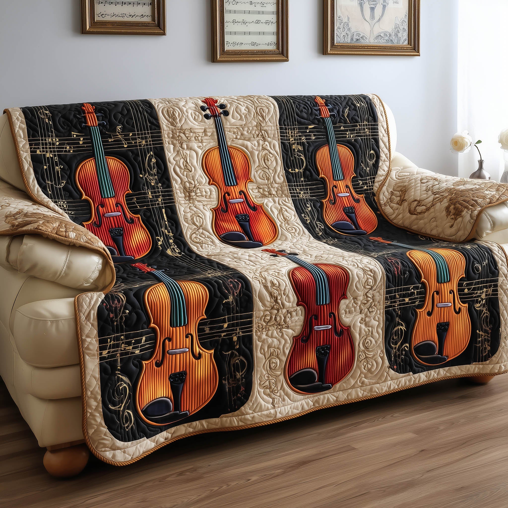 Rustic Violin Quilted Sofa Cover Country Style Music Instrument Gifts For Violin Players