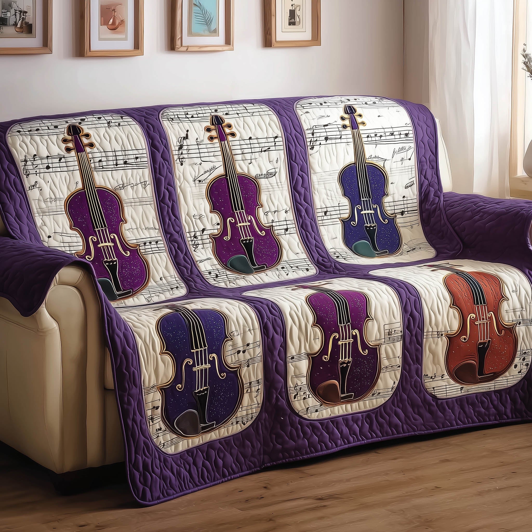 Rustic Violin Quilted Sofa Cover Handcrafted Fiddle Art Accent Gift Ideas For Violin Players