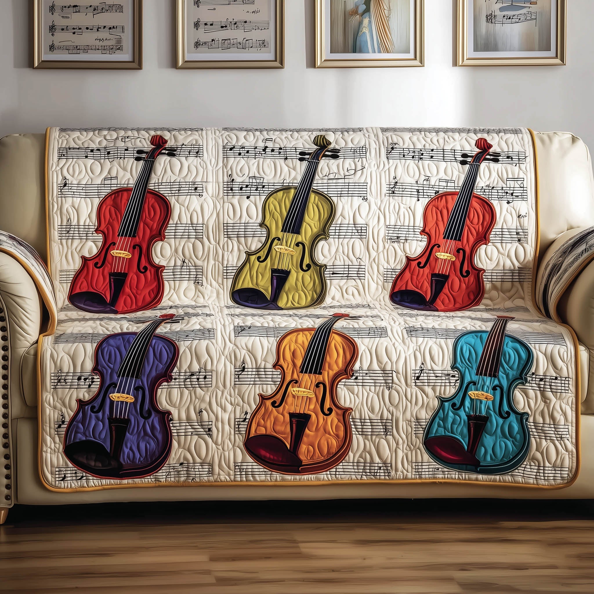 Rustic Violin Quilted Sofa Cover Old World Fiddle Motif Protector Gift Ideas For Violin Players