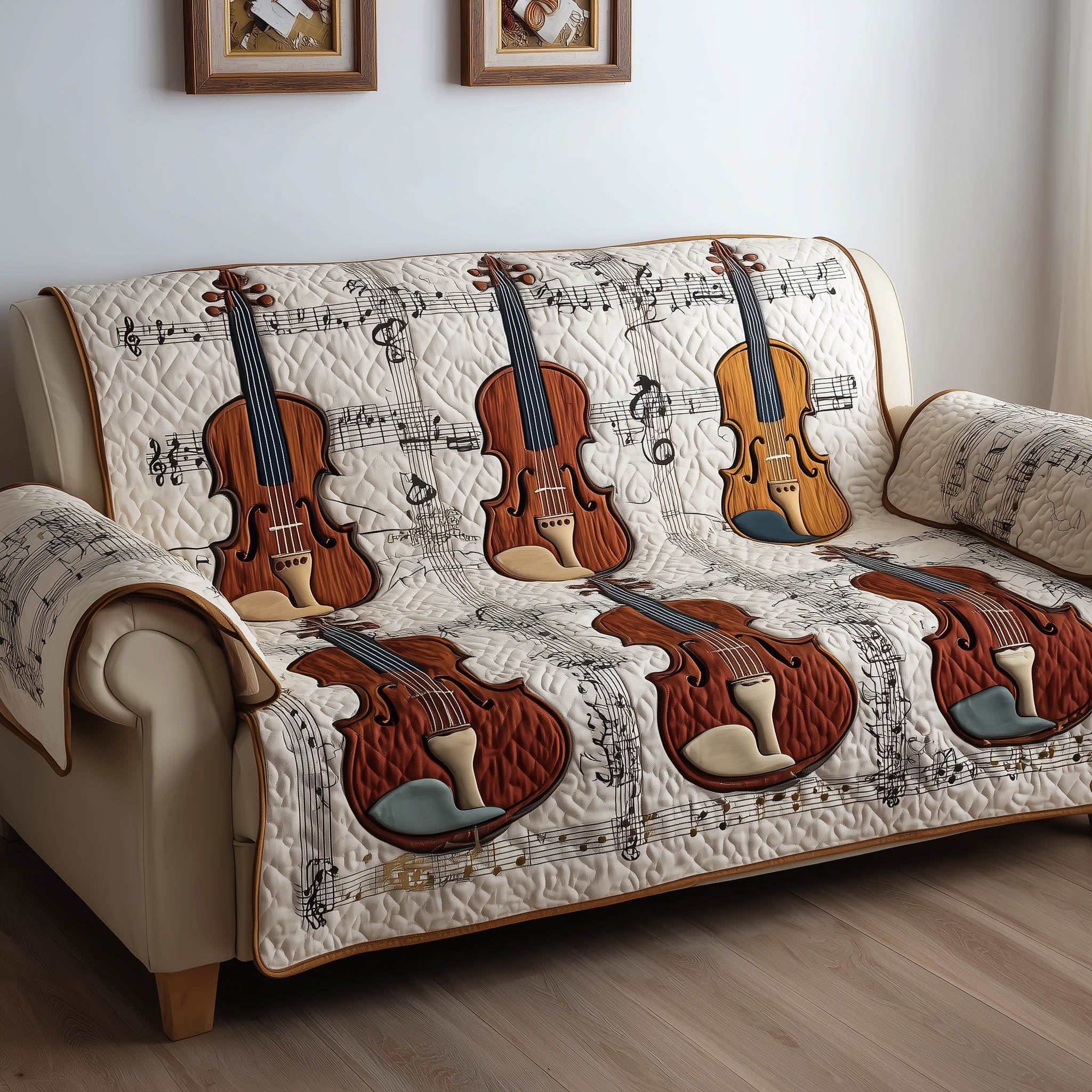Rustic Violin Quilted Sofa Cover Vintage Wooden Fiddle Gift Ideas For Violin Players