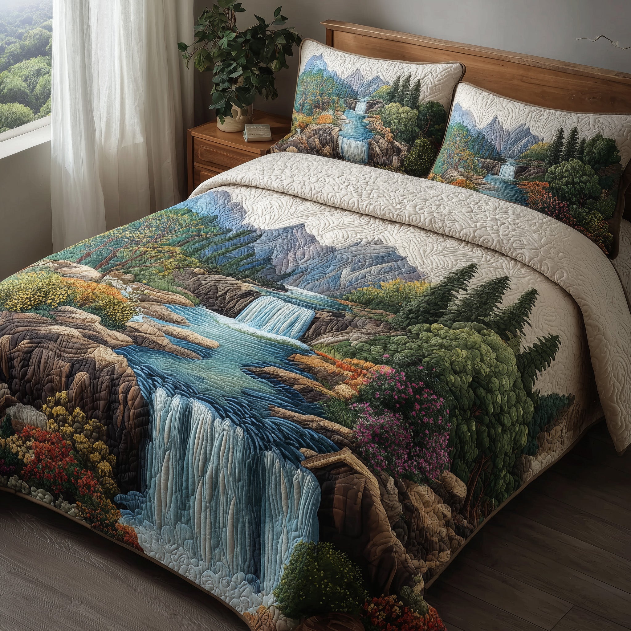 Rustic Waterfall Quilted Bedding Set Duvet Cover Bedspread Unique Gifts For Women
